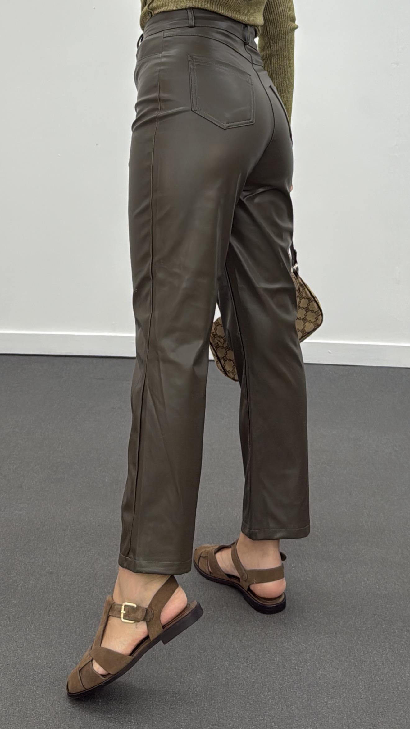 Bolivia Haki Yüksek Bek Slim Straight Deri Pantolon