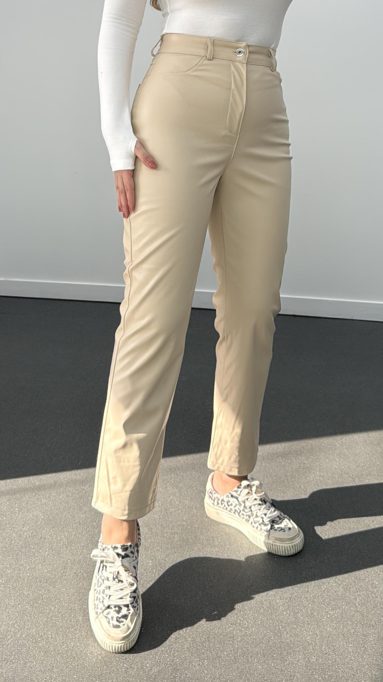 Bolivia Krem Yüksek Bel Slim Straight Deri Pantolon