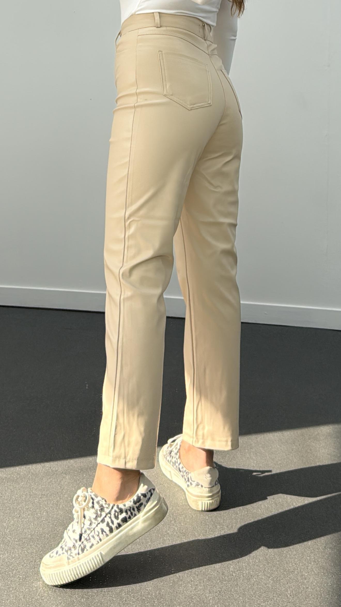 Bolivia Krem Yüksek Bel Slim Straight Deri Pantolon