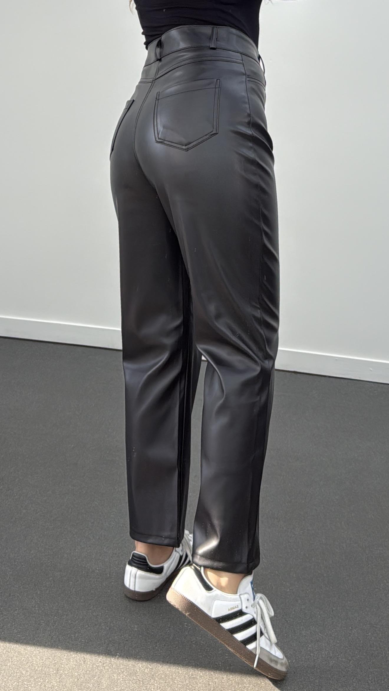 Bolivia Siyah Yüksek Bel Slim Straight Deri Pantolon