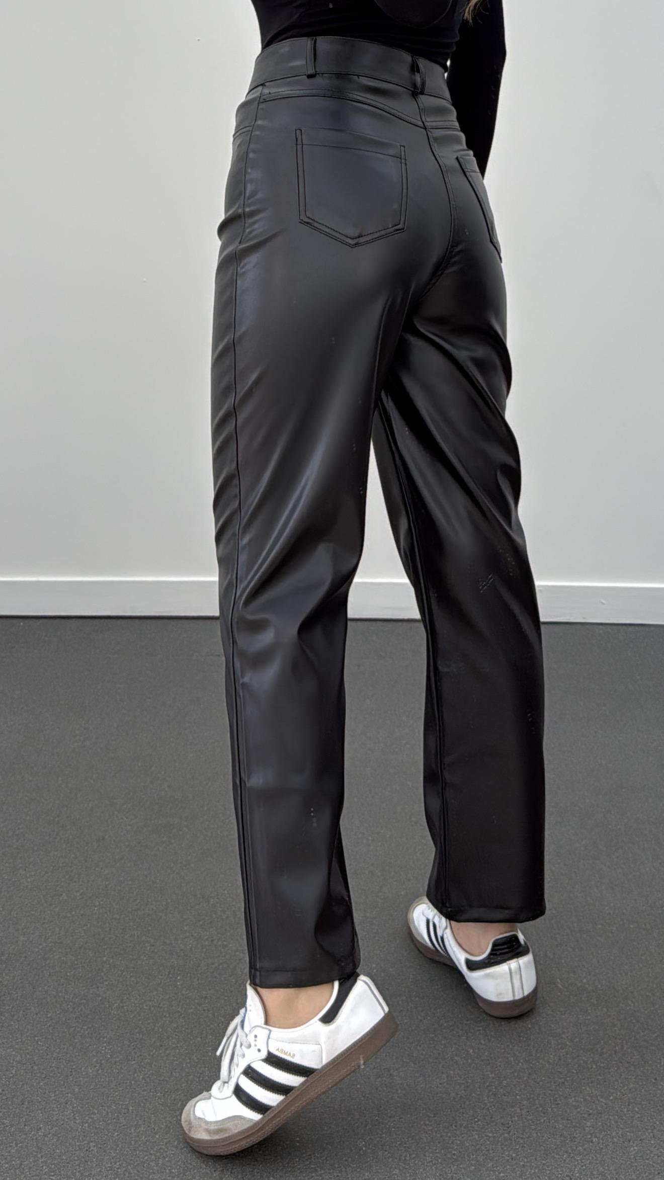 Bolivia Siyah Yüksek Bel Slim Straight Deri Pantolon