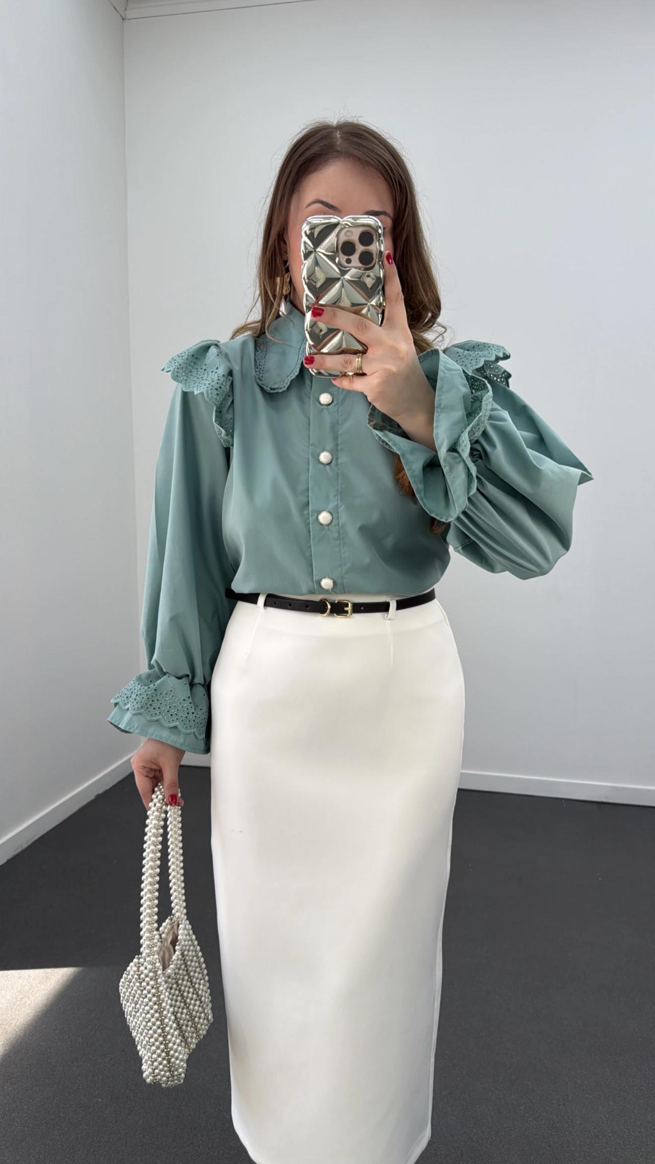 Bonjour Yeşil Bebe Yakalı Fisto İşlemeli Gömlek