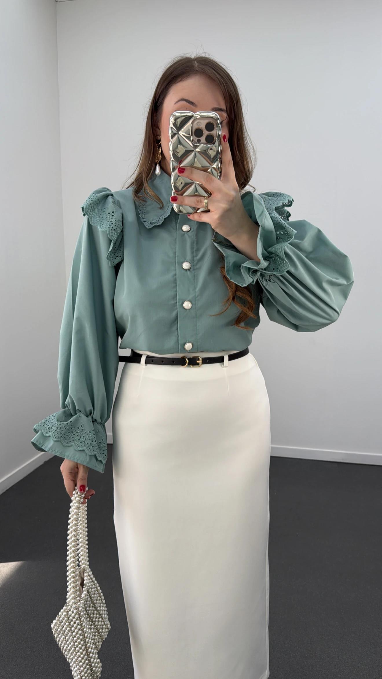 Bonjour Yeşil Bebe Yakalı Fisto İşlemeli Gömlek