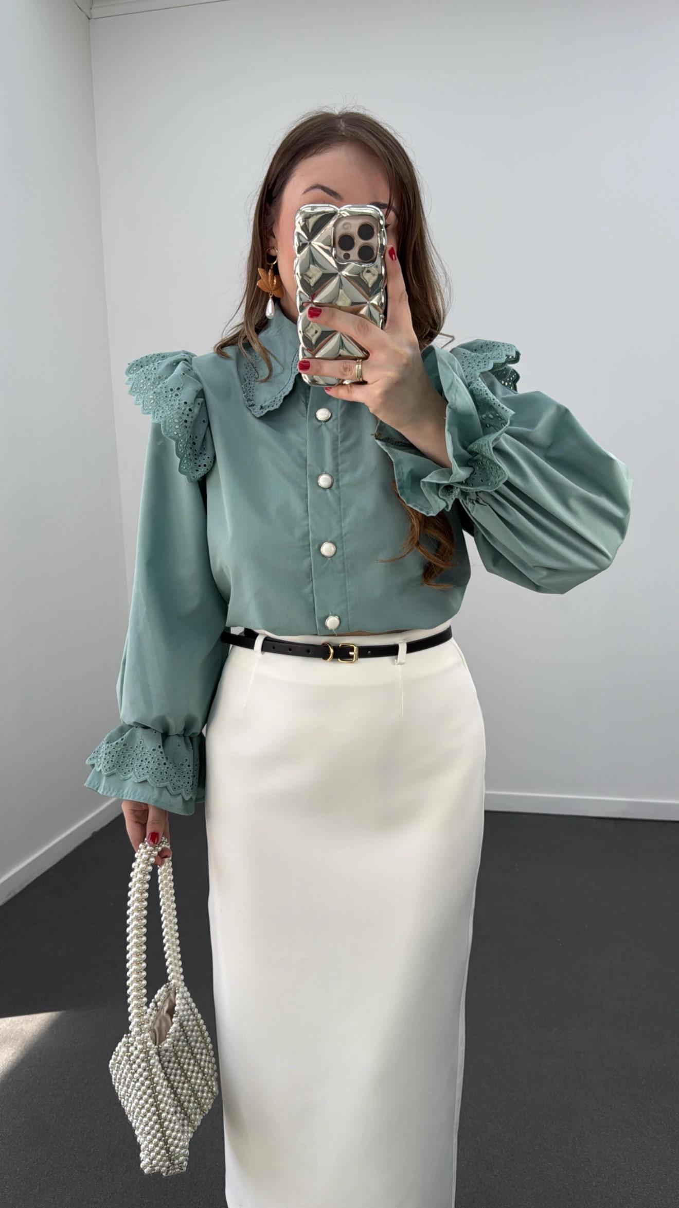 Bonjour Yeşil Bebe Yakalı Fisto İşlemeli Gömlek