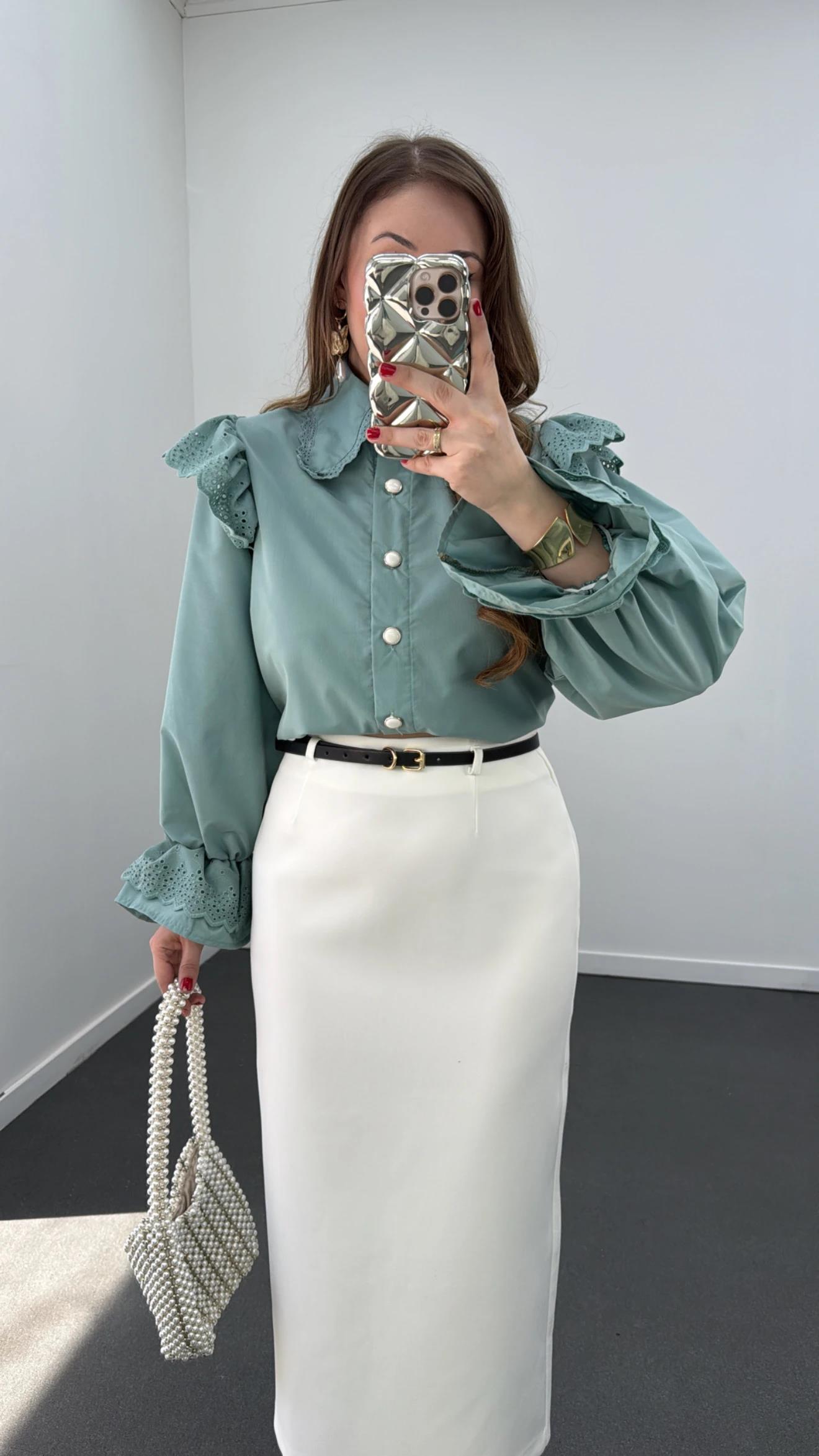 Bonjour Yeşil Bebe Yakalı Fisto İşlemeli Gömlek