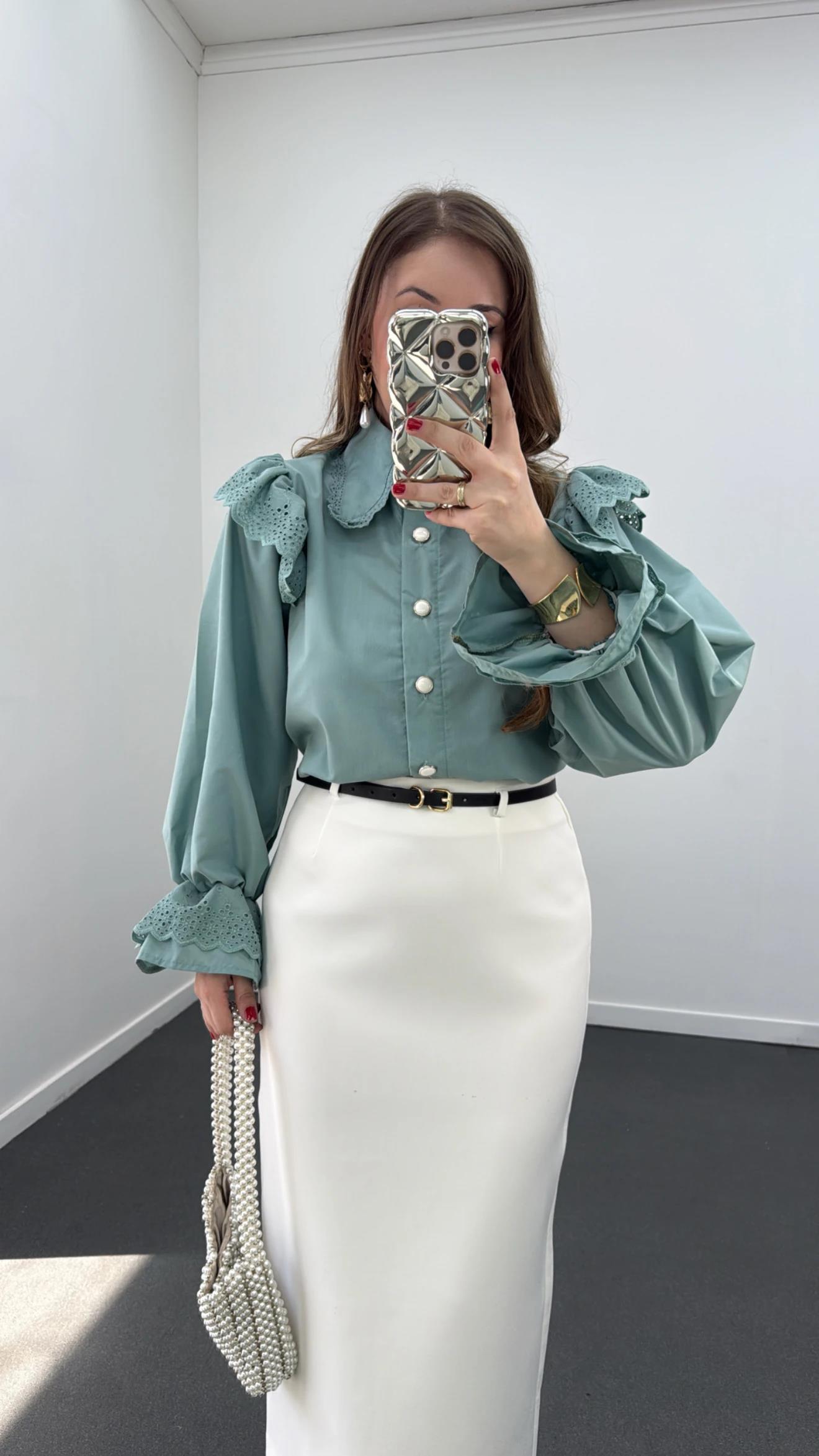 Bonjour Yeşil Bebe Yakalı Fisto İşlemeli Gömlek