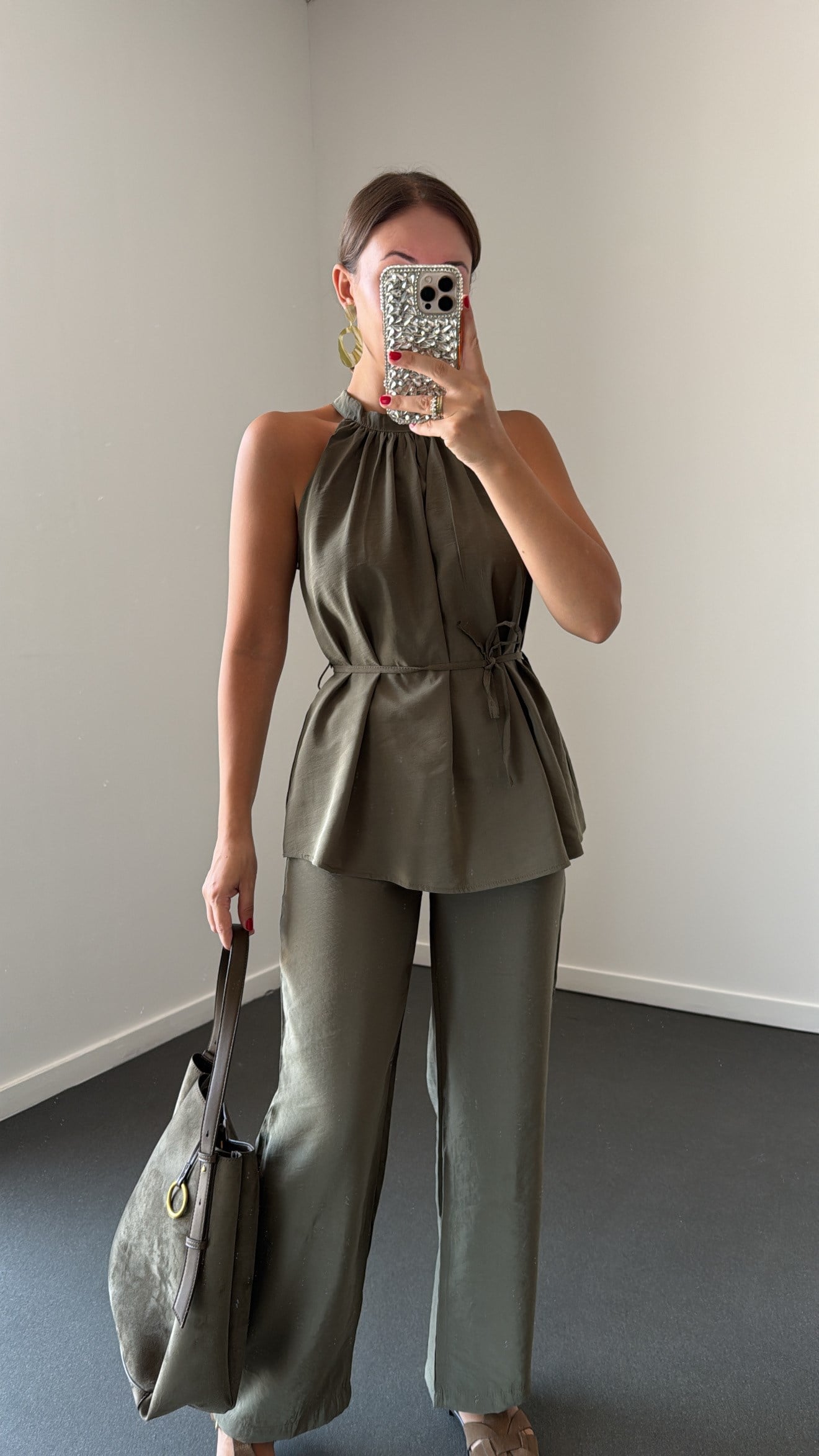Britney Haki Tensel Halter Yaka Bluz Ve Pantolon Takım