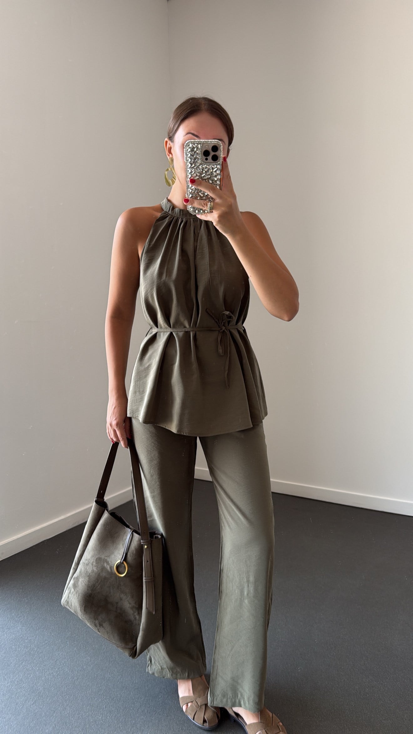Britney Haki Tensel Halter Yaka Bluz Ve Pantolon Takım