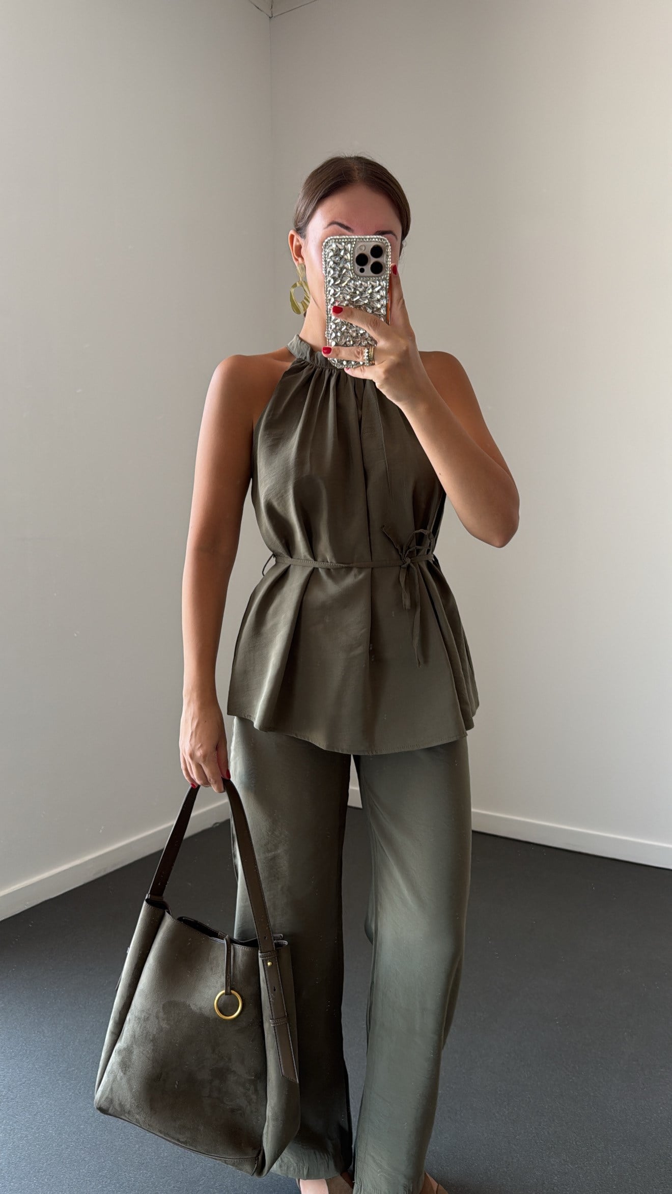 Britney Haki Tensel Halter Yaka Bluz Ve Pantolon Takım