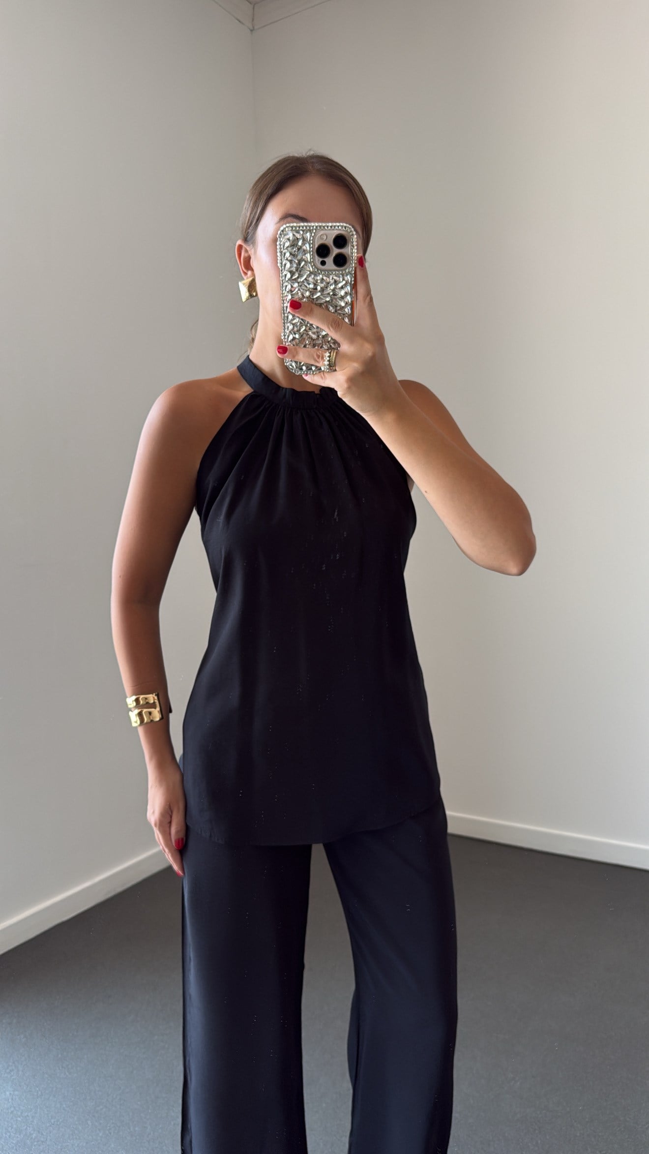 Britney Siyah Tensel Halter Yaka Bluz Ve Pantolon Takım