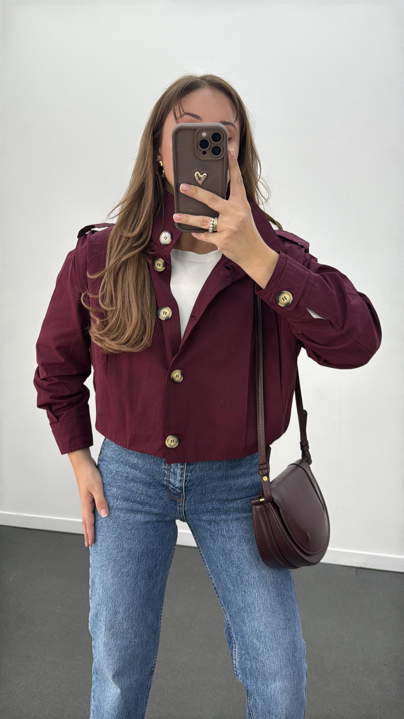 Bronte Bordo Kısa  Kahve Düğmeli Trençkot