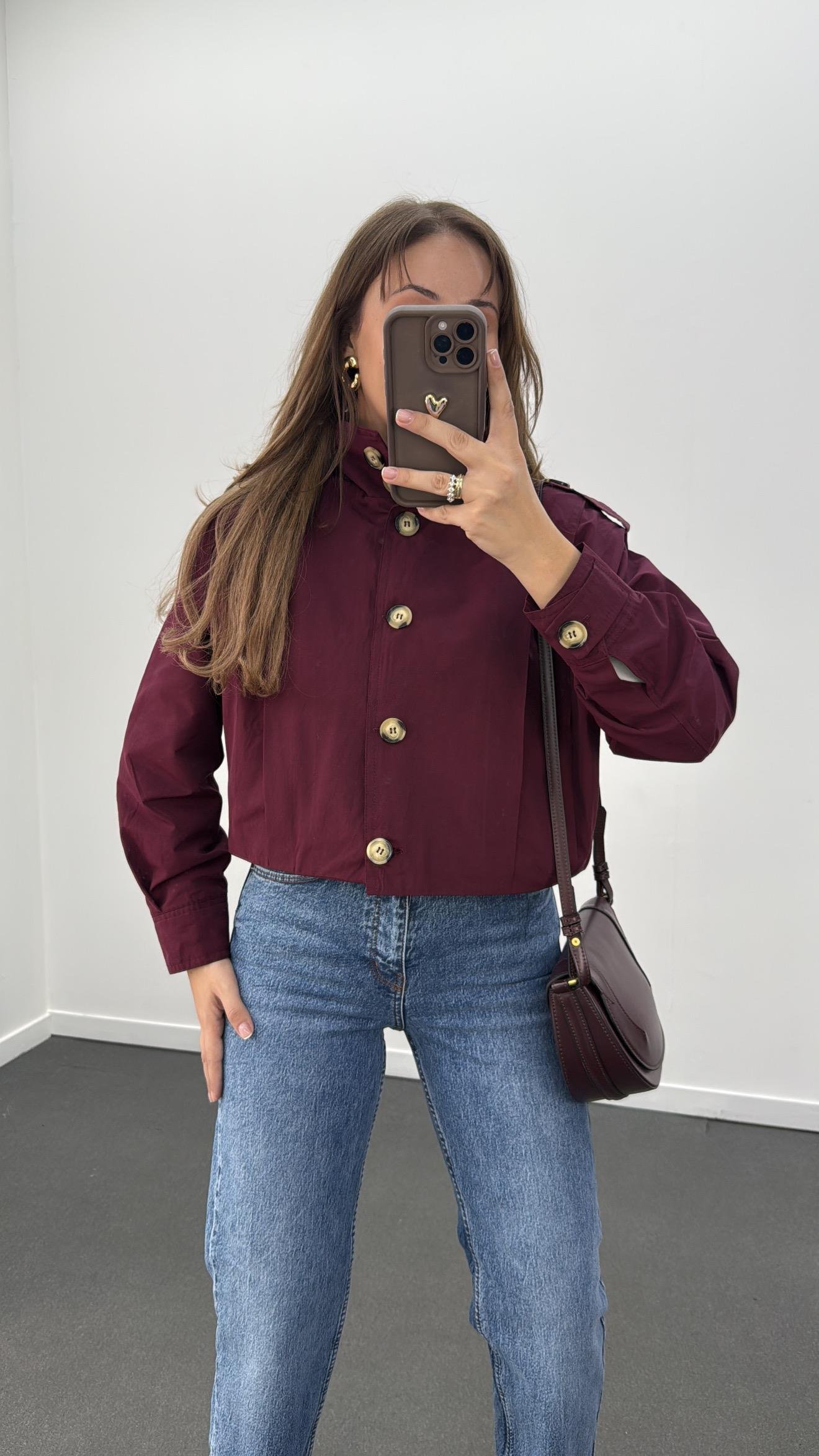 Bronte Bordo Kısa  Kahve Düğmeli Trençkot