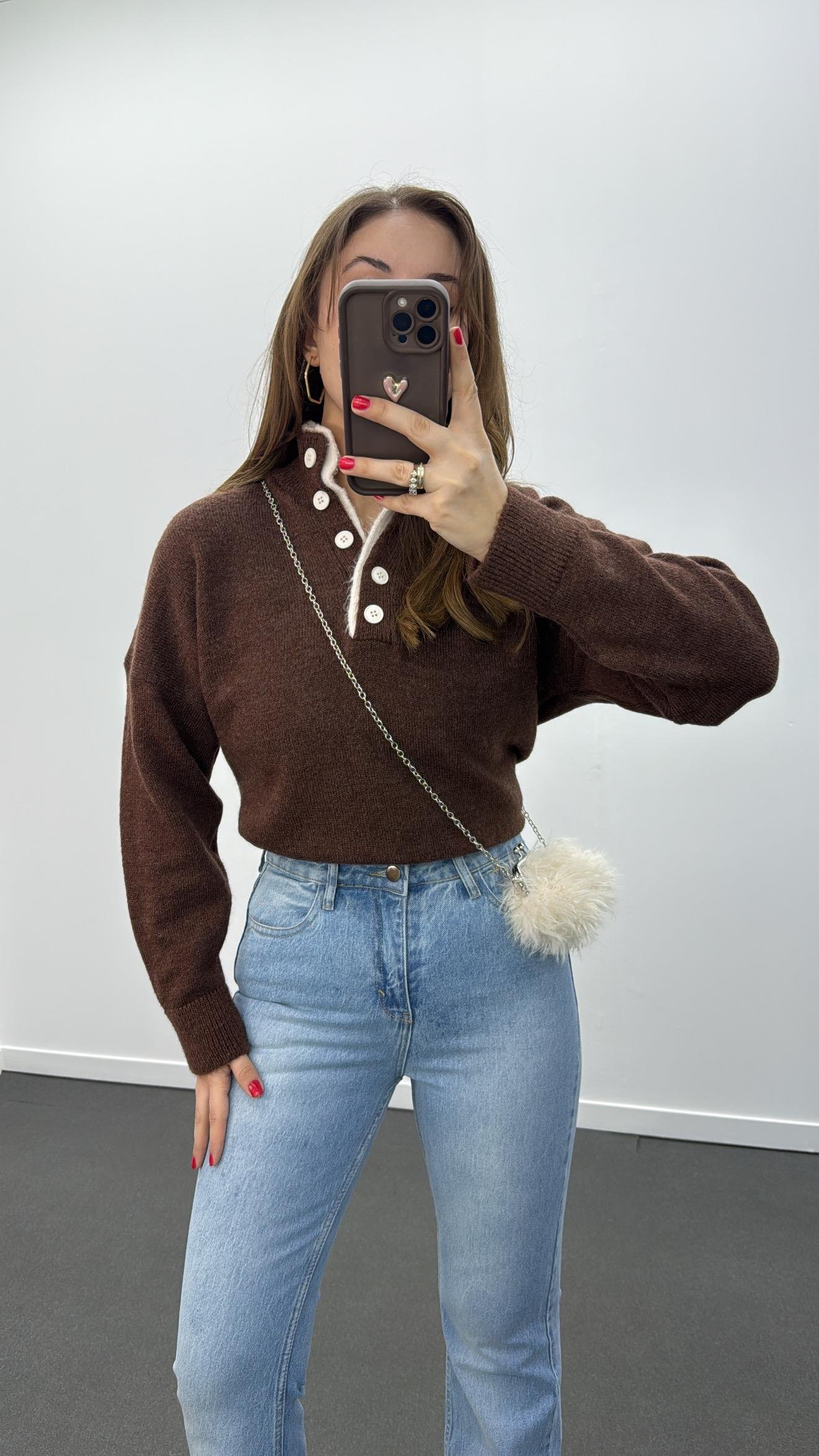 Brume Kahve Renk Önü Düğmeli Triko