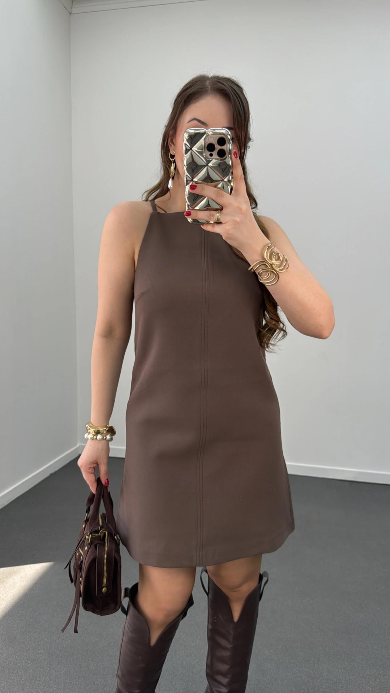 Carina Kahve Halter Yaka Elbise
