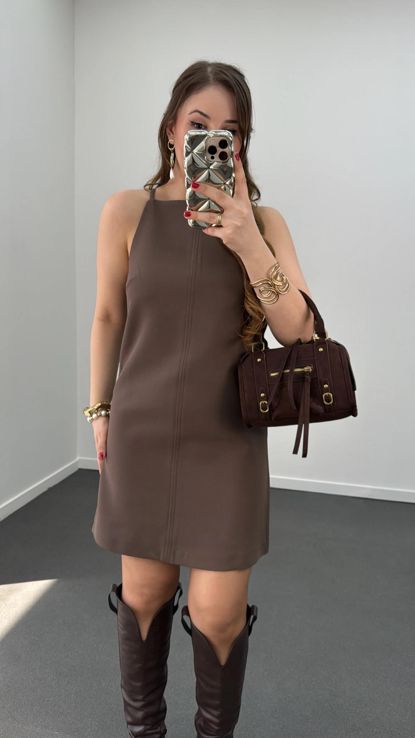 Carina Kahve Halter Yaka Elbise