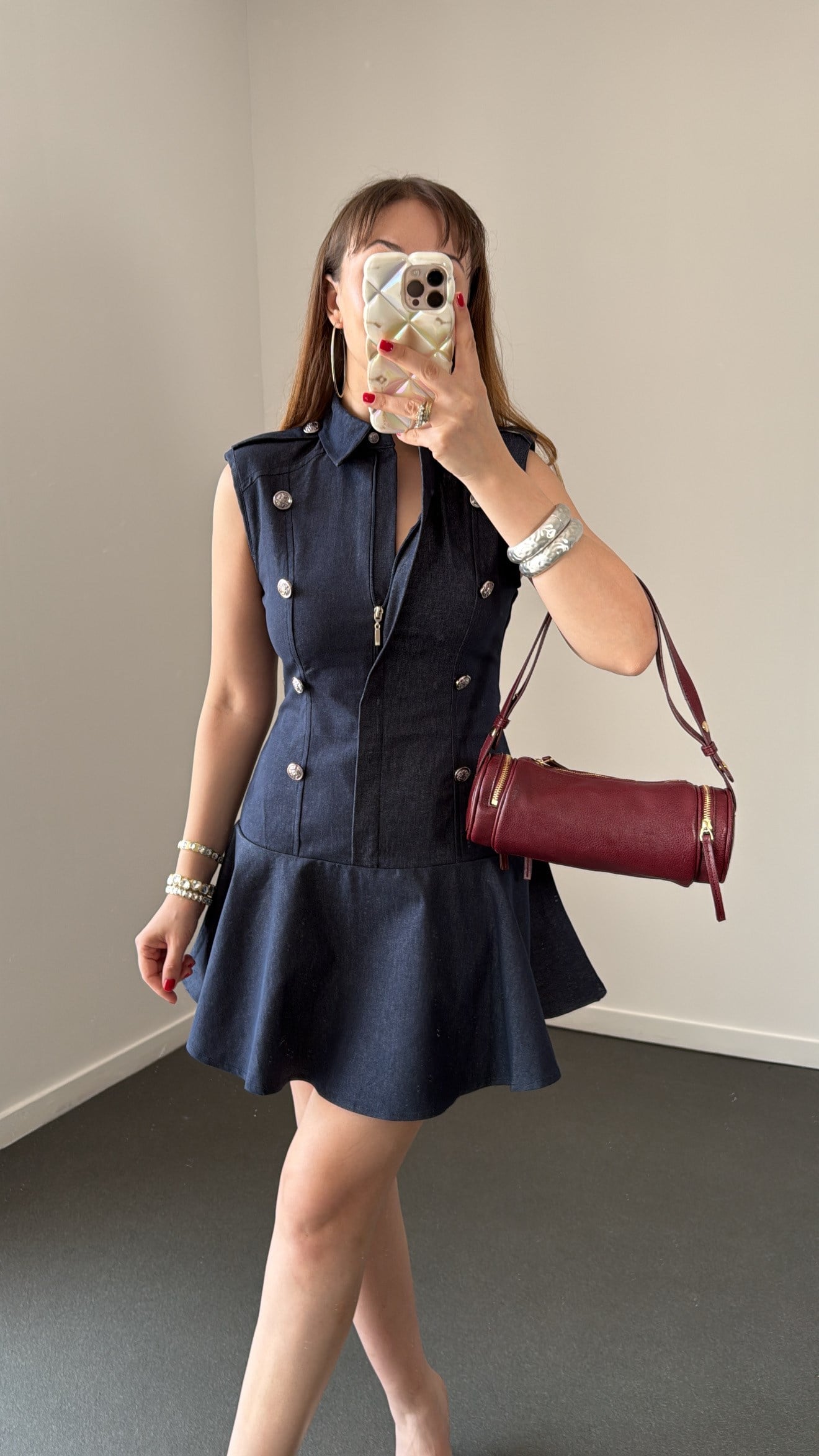 Catelyn Koyu Kot Silver Düğmeli Denim Elbise