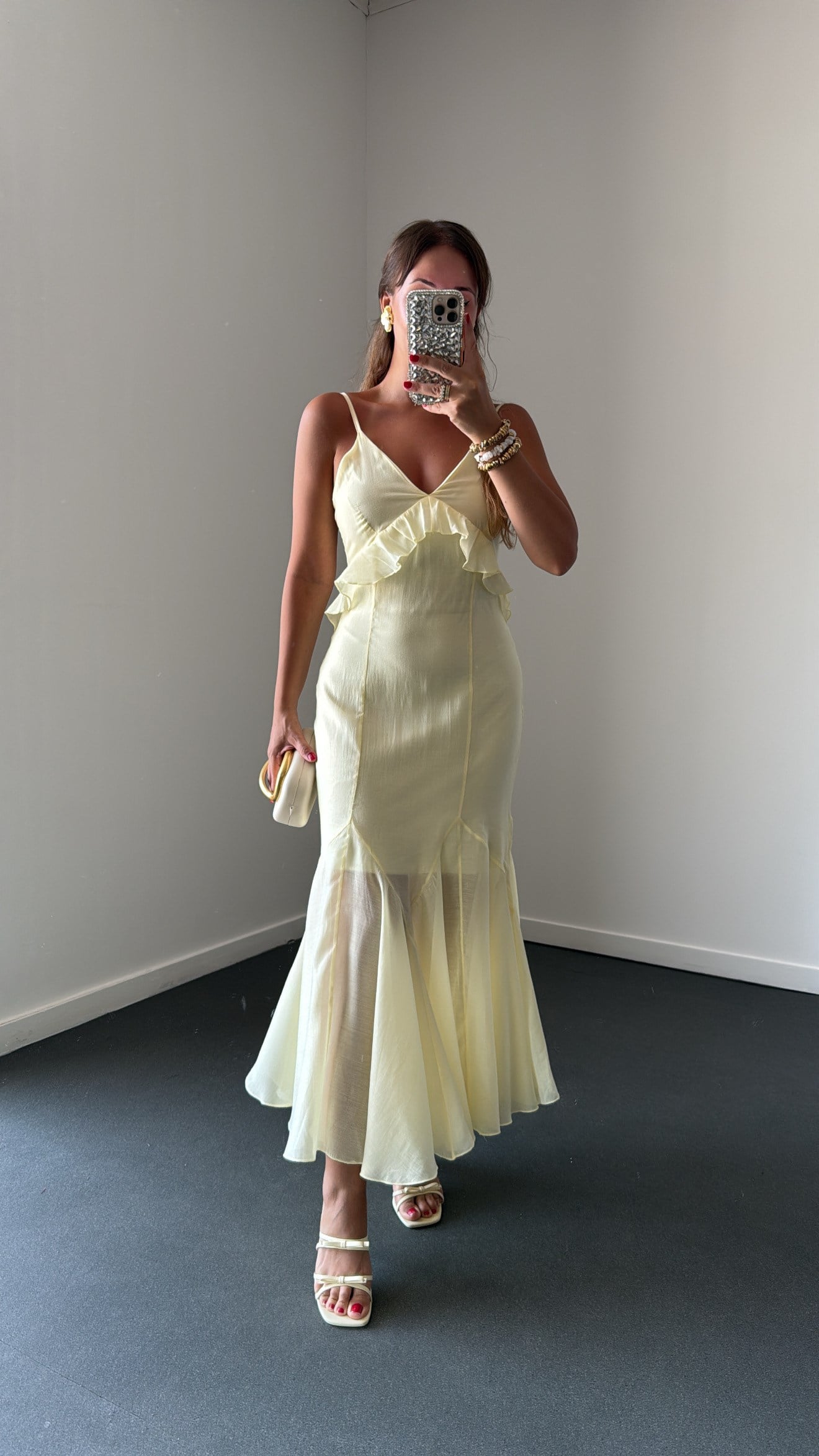Cece Sarı Askılı Fırfır Etekli Maxi Elbise