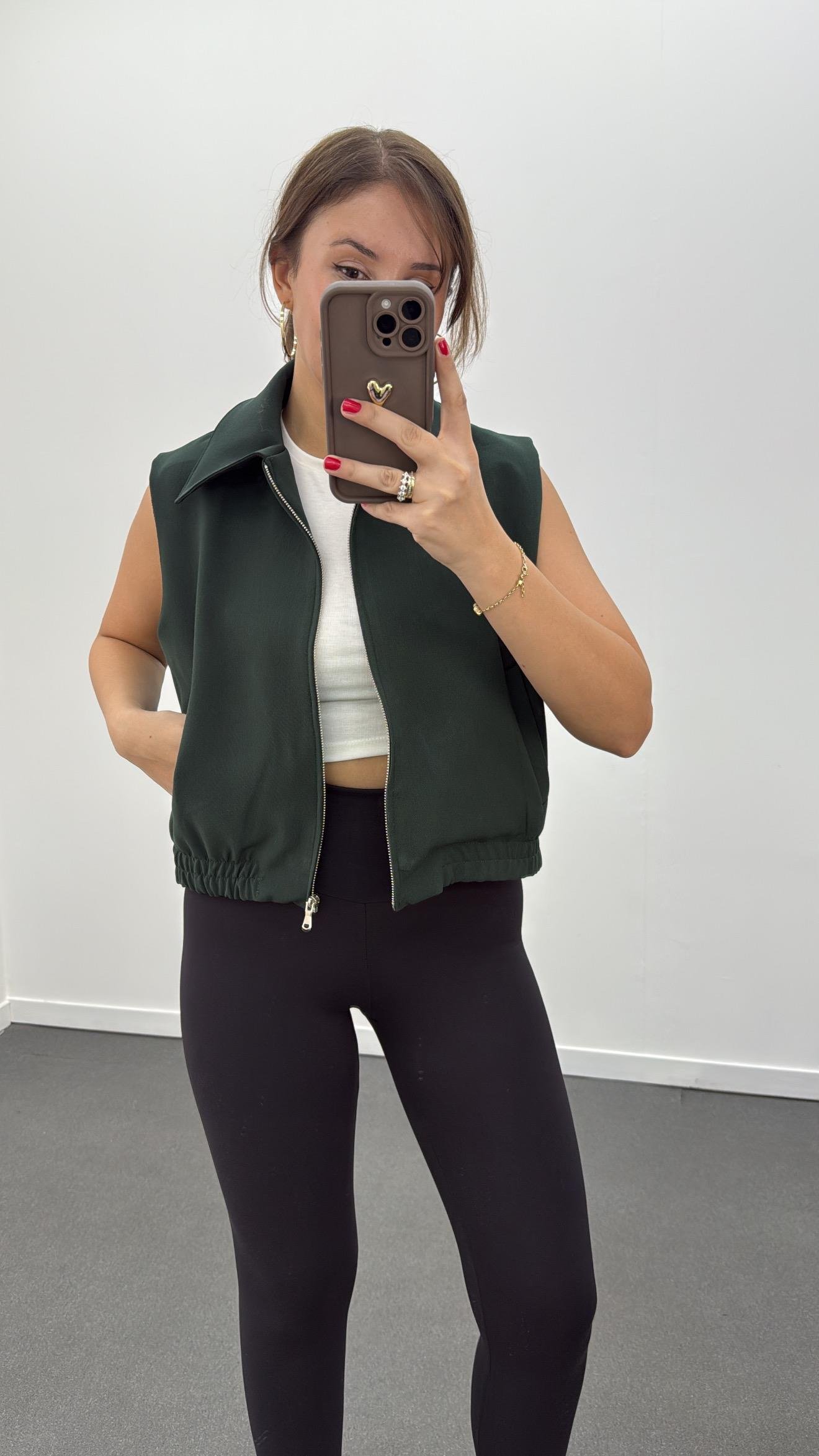 Cecilia Zümrüt Yeşili Fermuarlı Yelek