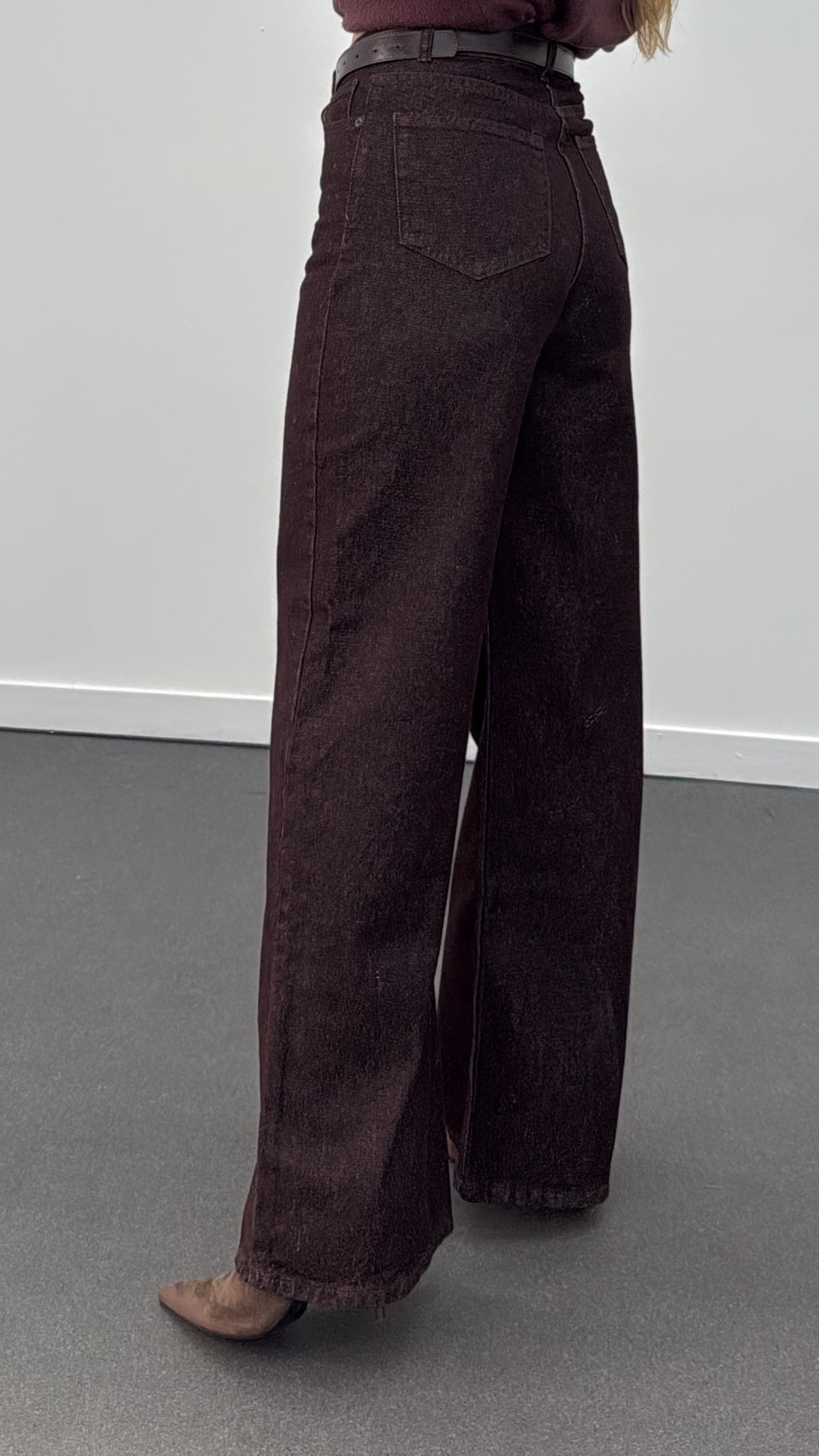 Cenevre Kırçıllı Kahve Süper Yüksek Bel Wide Leg Jeans