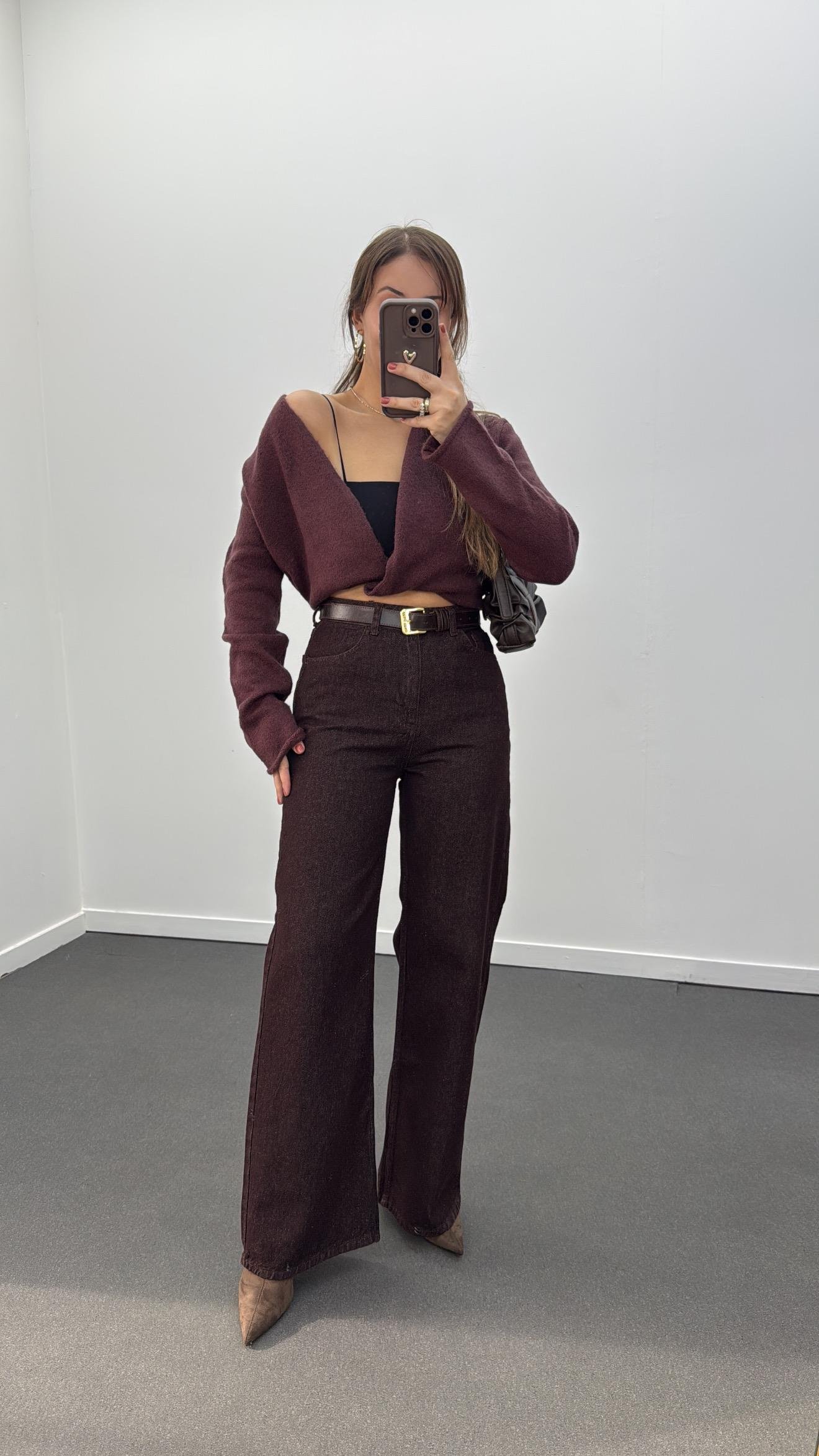 Cenevre Kırçıllı Kahve Süper Yüksek Bel Wide Leg Jeans