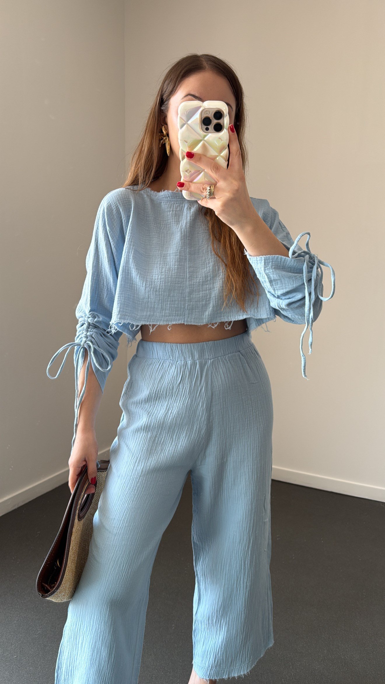 Choi Bebe Mavi Müslin Bluz Ve Pantolon Takım