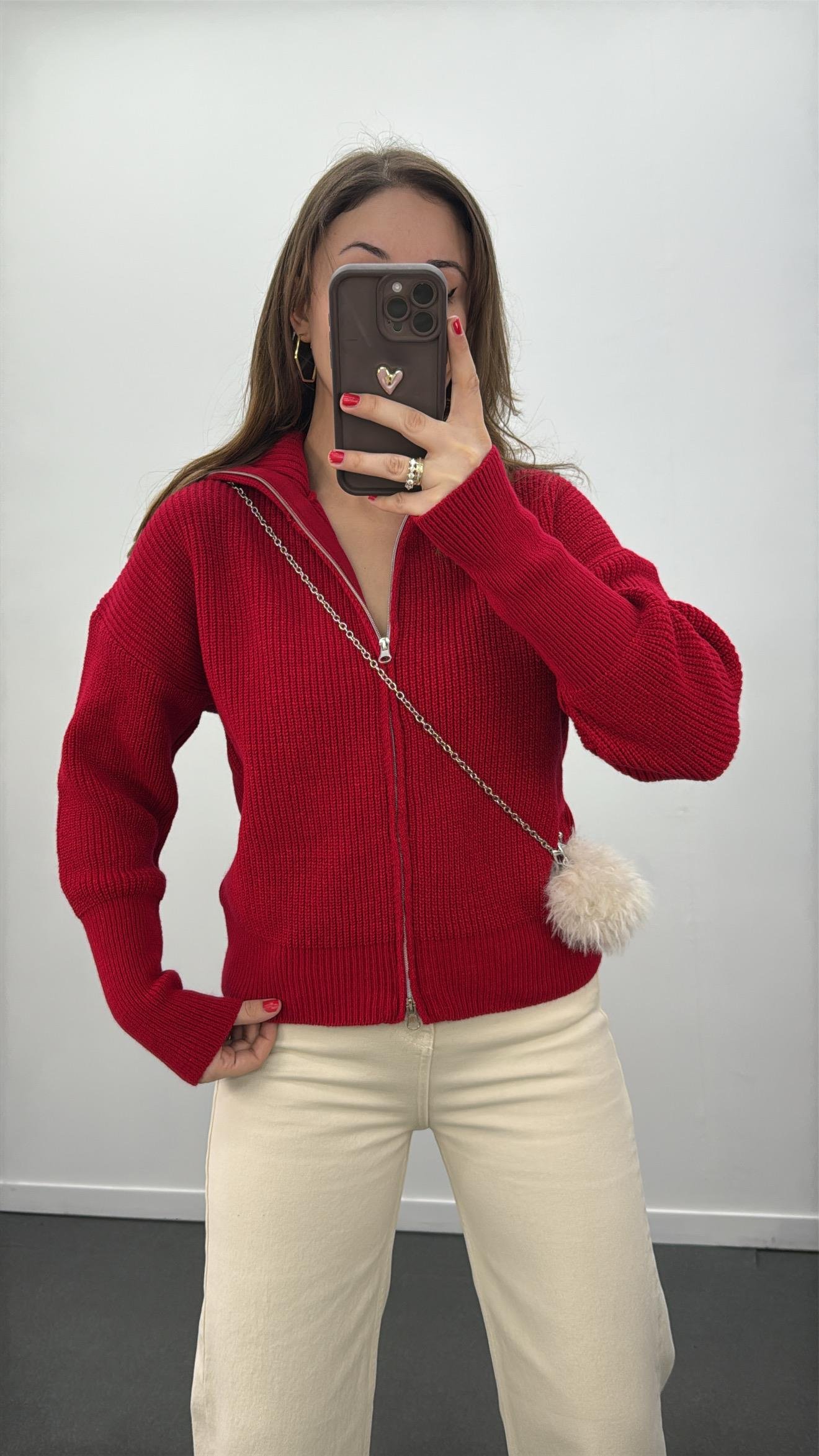 Cordelia Kırmızı Çift Fermuarlı Premium Hırka