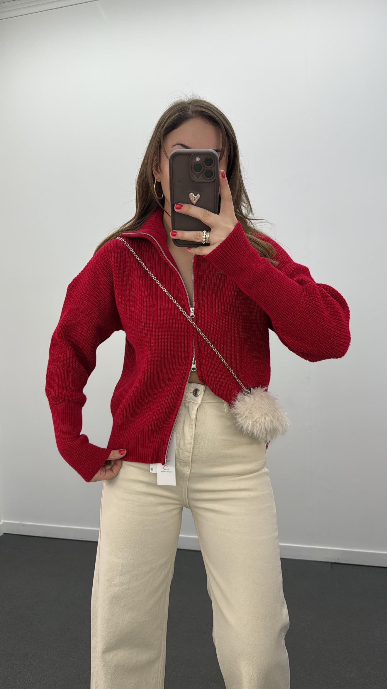 Cordelia Kırmızı Çift Fermuarlı Premium Hırka