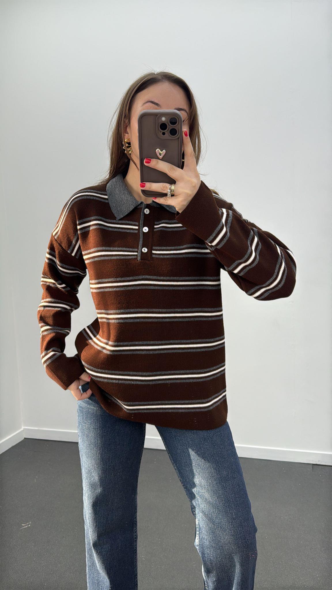 Culpa Kahverengi Gri Çizgili Polo Yaka Triko