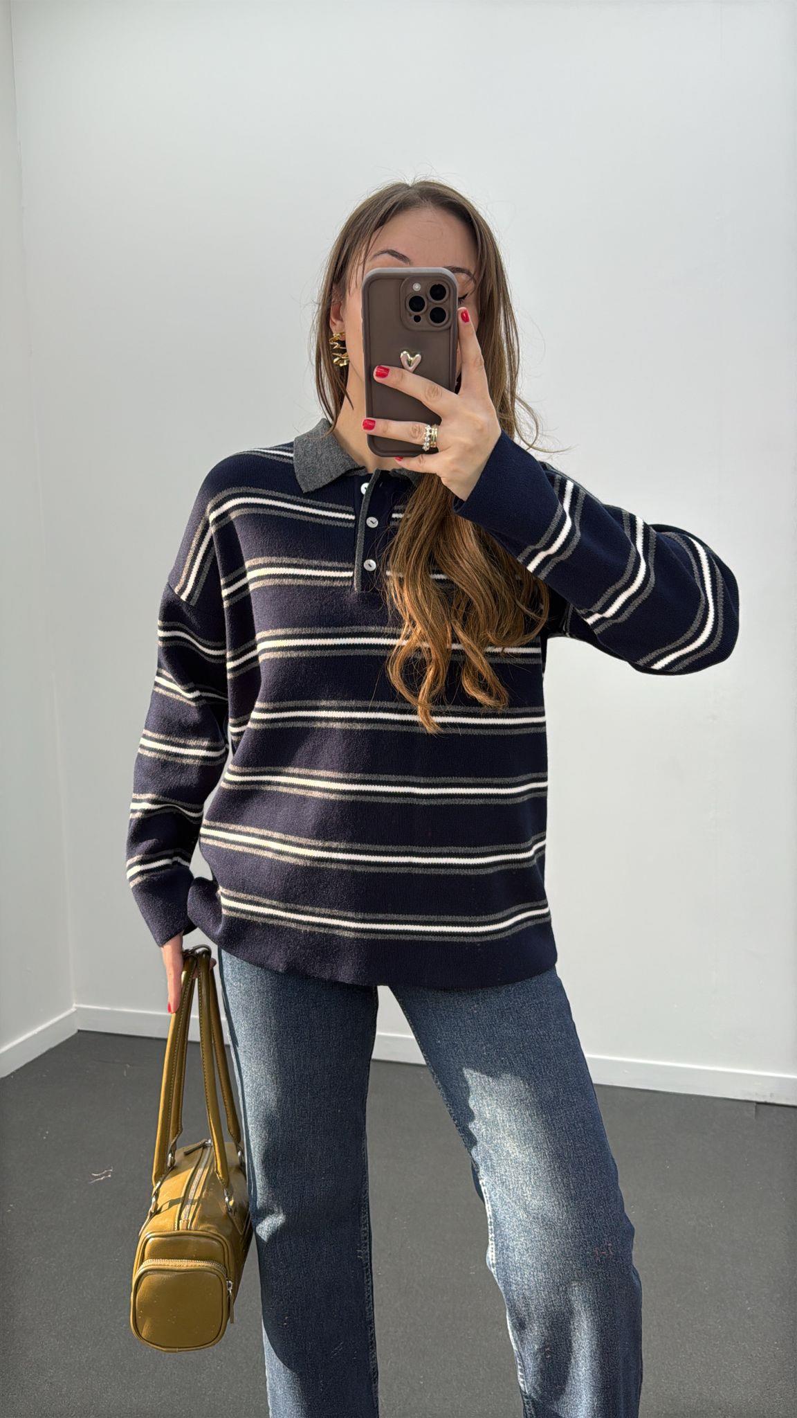 Culpa Lacivert Gri Çizgili Polo Yaka Triko