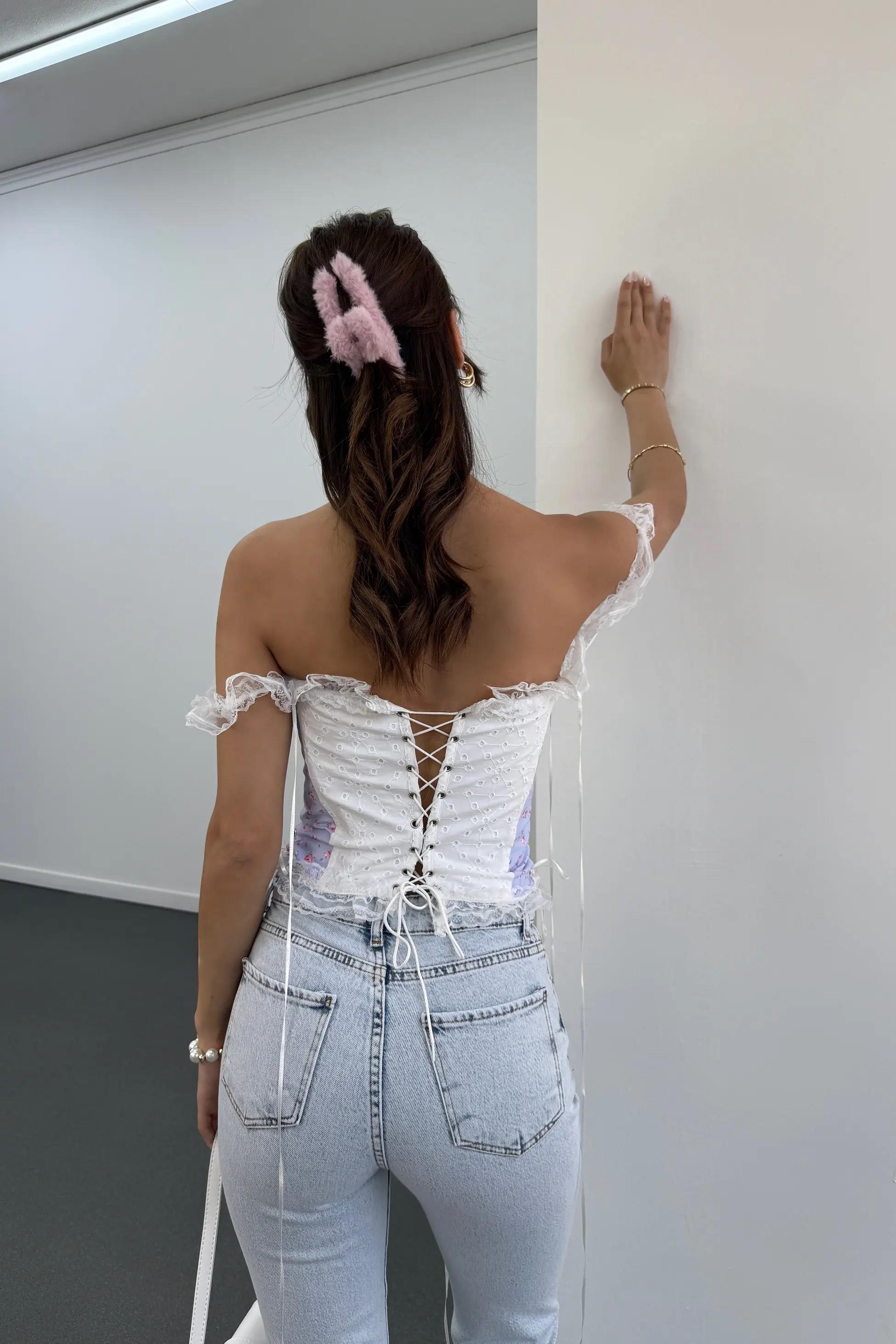 Damsa Pembe Mavi Çiçek Desenli Büstiyer