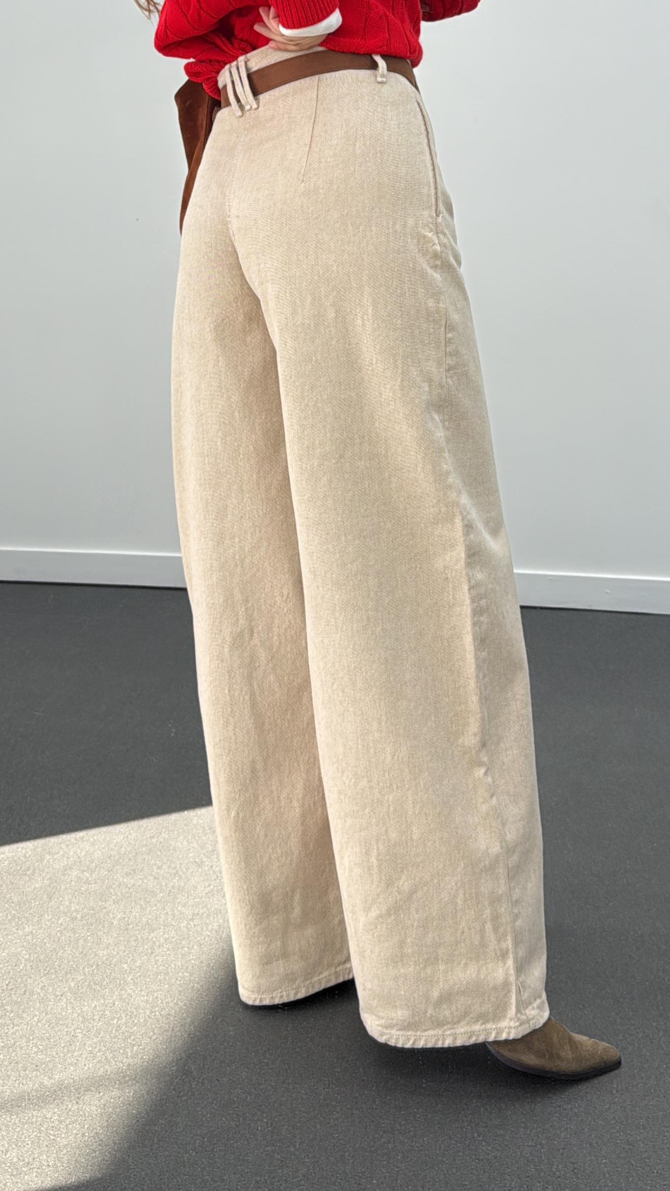 Danna Kum Beji Yüksek Bel Çift Kemer Askılı Wide Leg Jeans