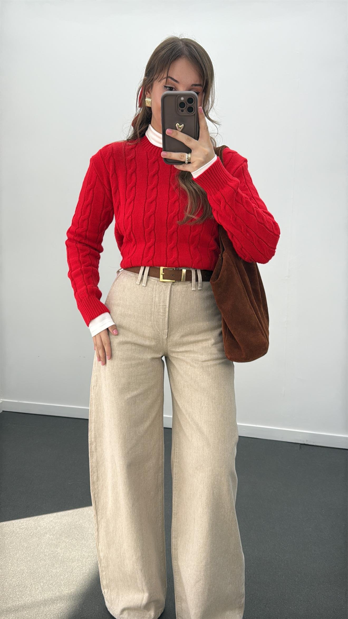 Danna Kum Beji Yüksek Bel Çift Kemer Askılı Wide Leg Jeans