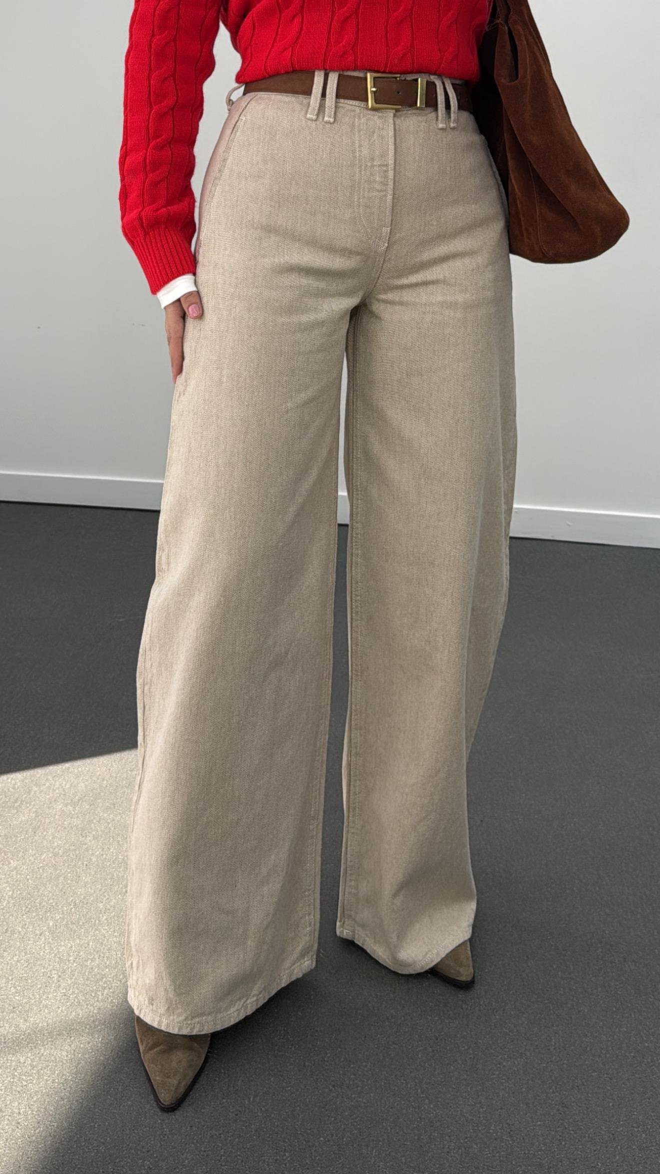 Danna Kum Beji Yüksek Bel Çift Kemer Askılı Wide Leg Jeans