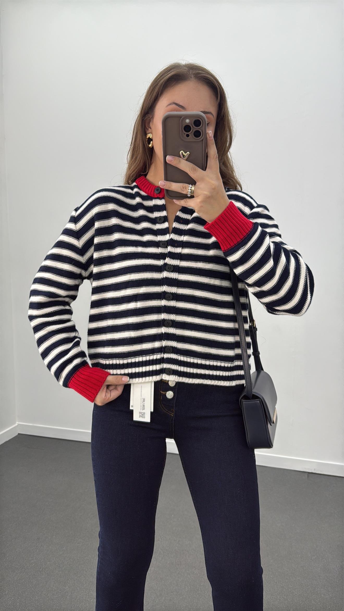 Davina Lacivert Beyaz Çizgili Triko Hırka