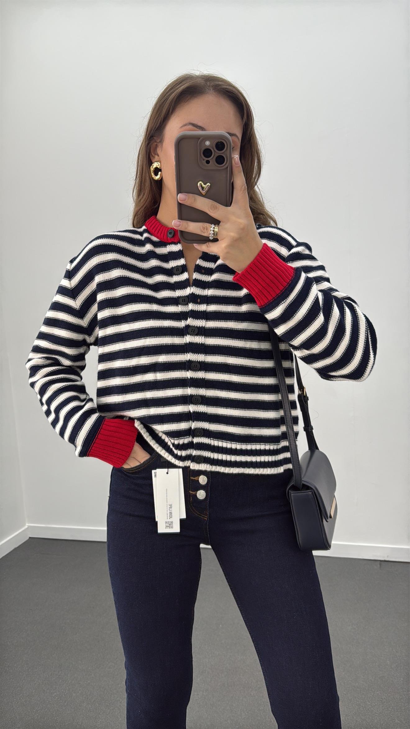 Davina Lacivert Beyaz Çizgili Triko Hırka