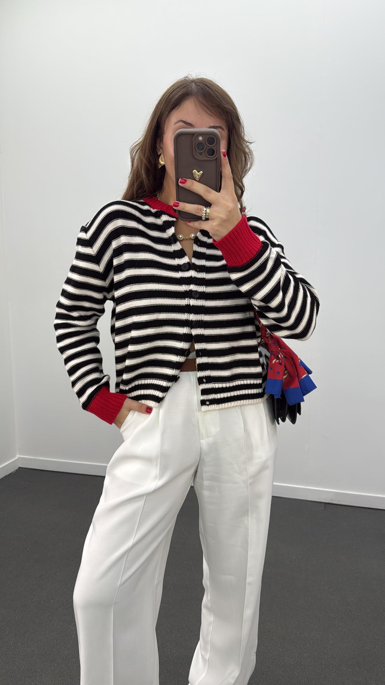 Davina Siyah Beyaz Çizgili Triko Hırka