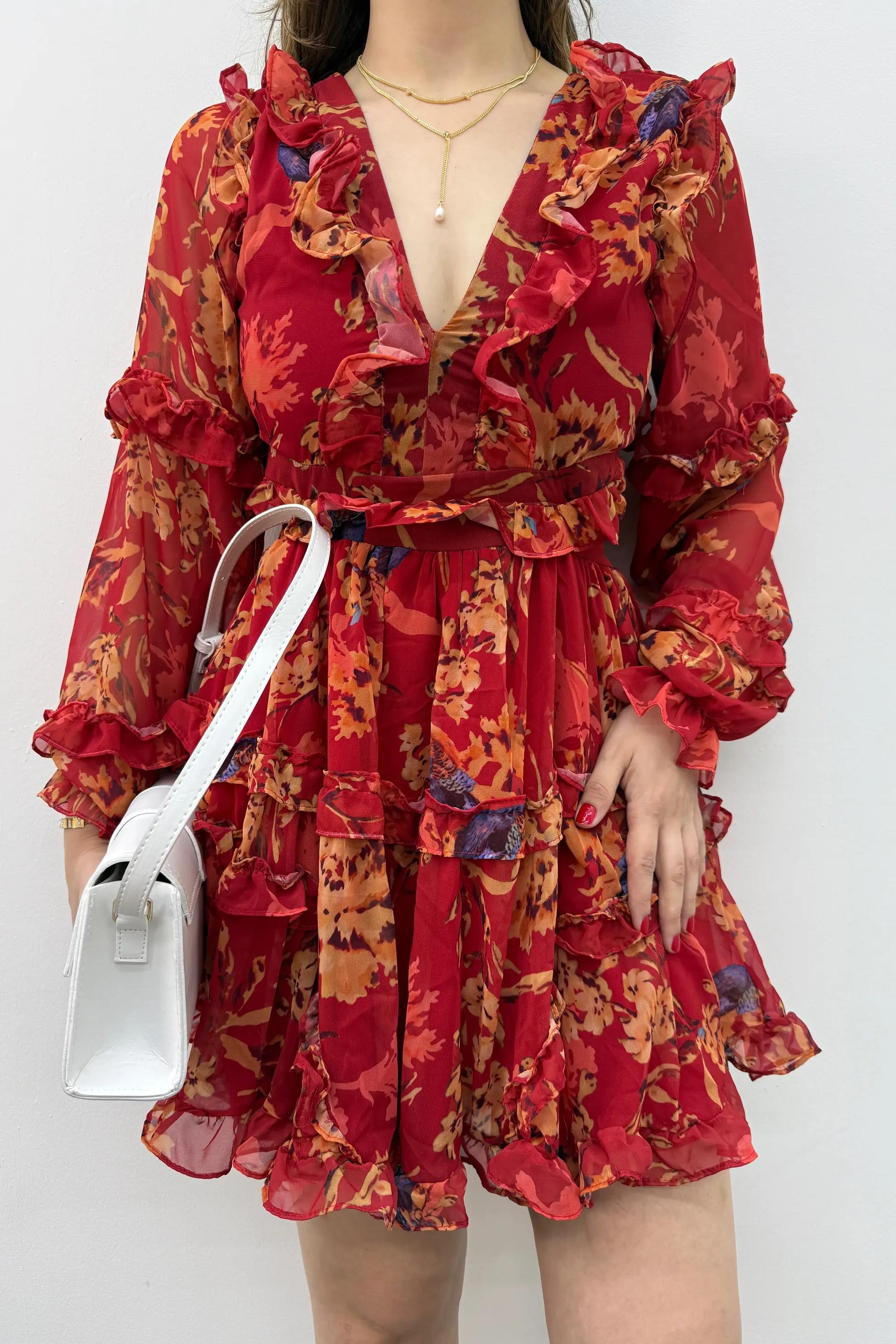 Destiny Kırmızı Fırfırlı Volanlı Elbise