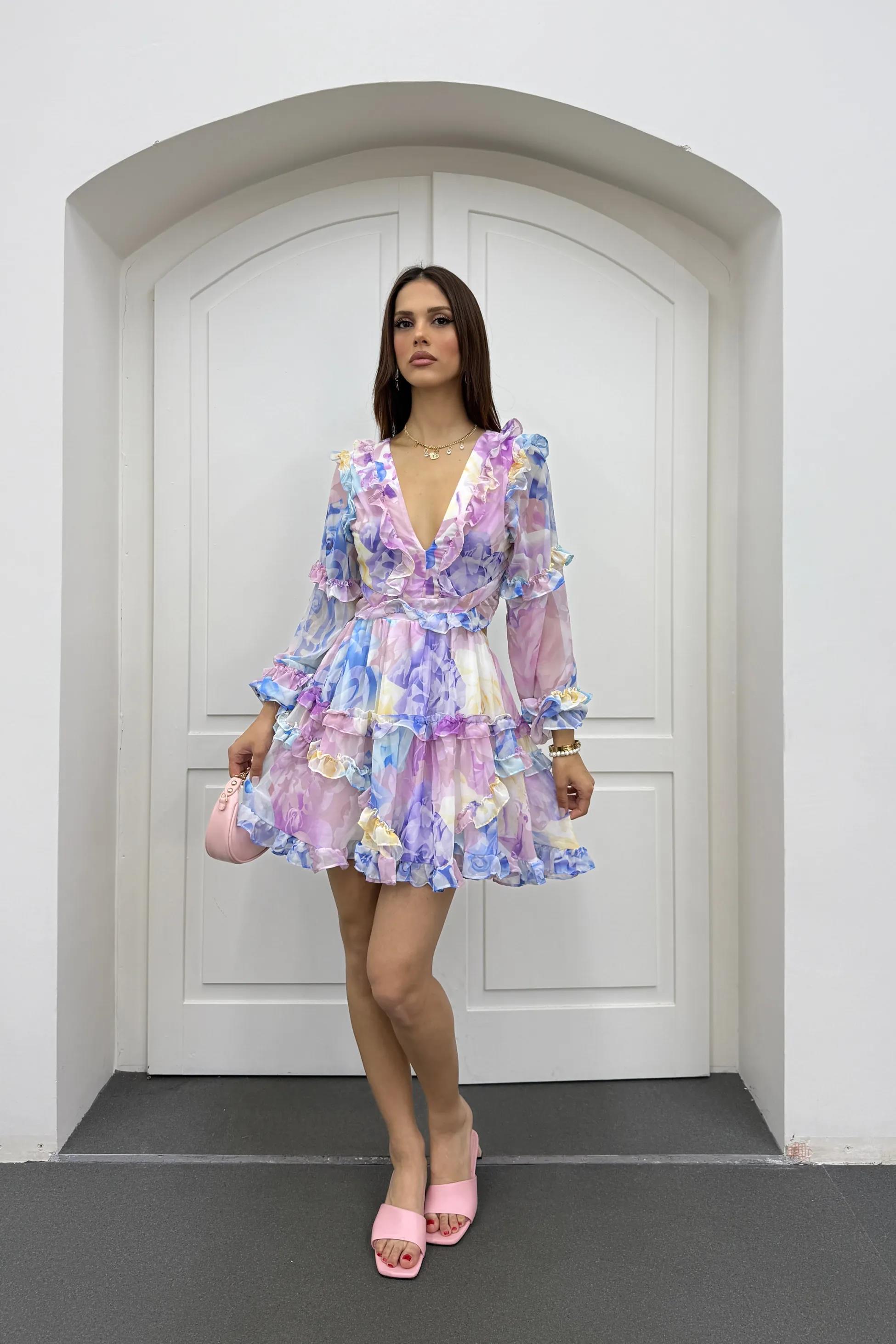 Destiny Mavi Fırfırlı Volanlı Elbise