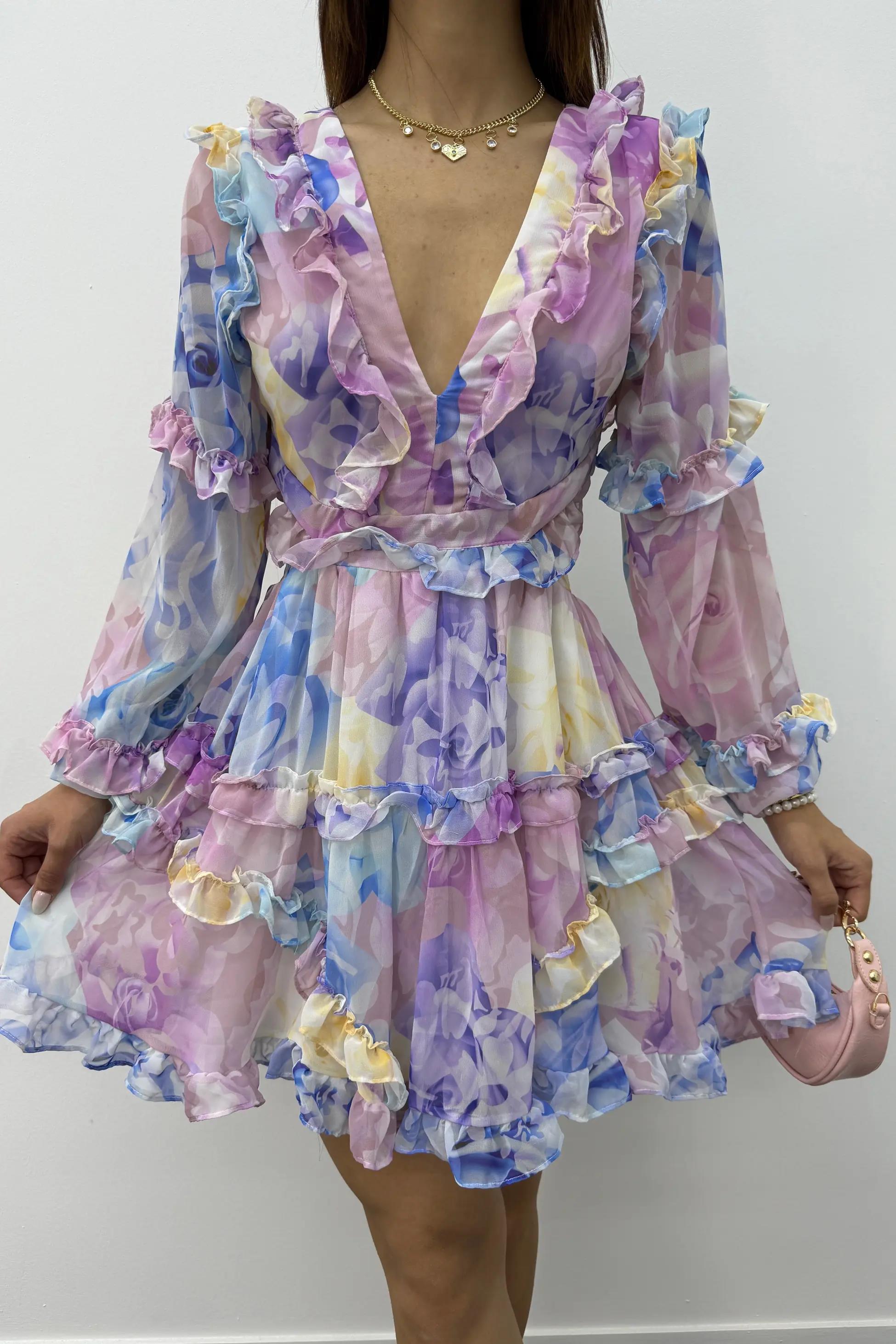 Destiny Mavi Fırfırlı Volanlı Elbise