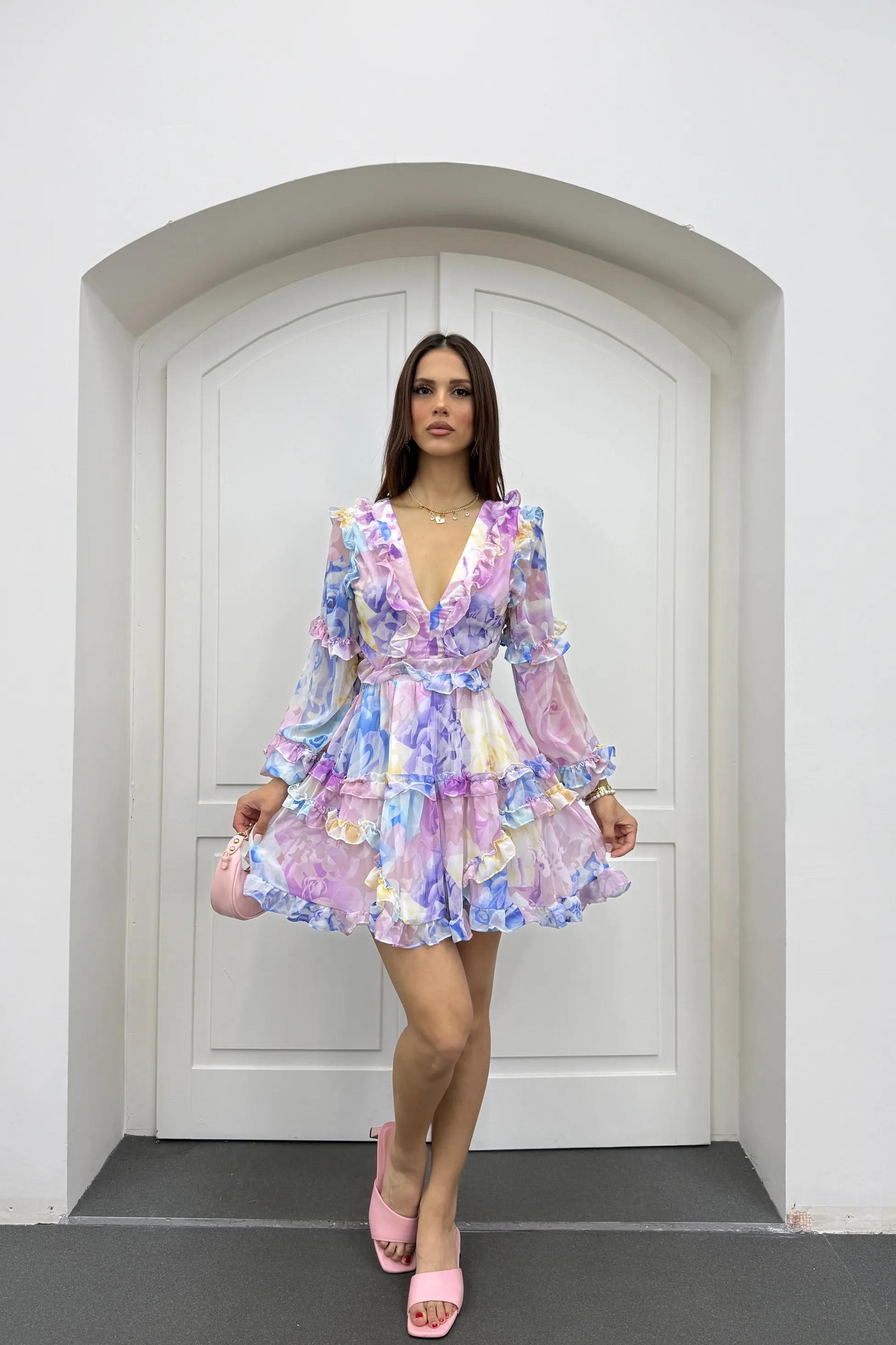 Destiny Mavi Fırfırlı Volanlı Elbise