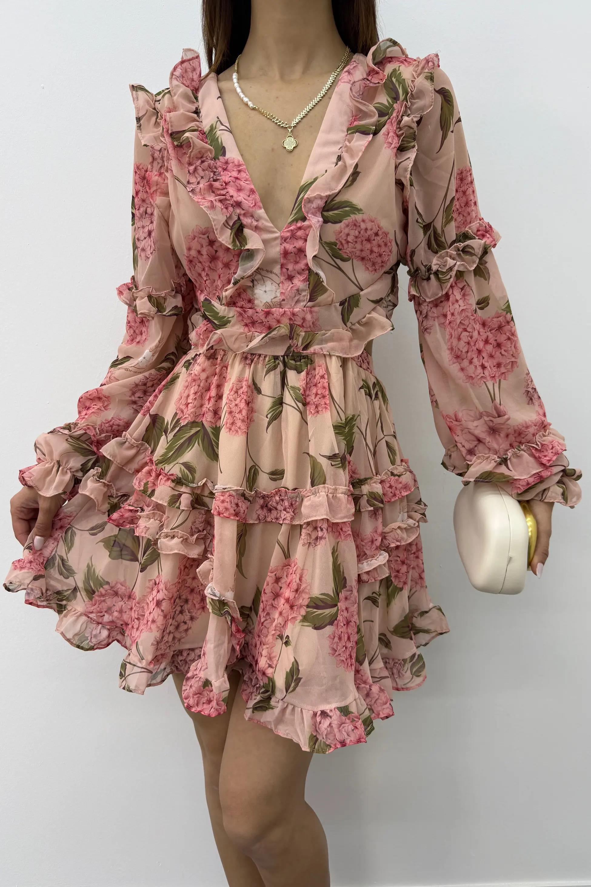 Destiny Pudra Fırfırlı Volanlı Elbise