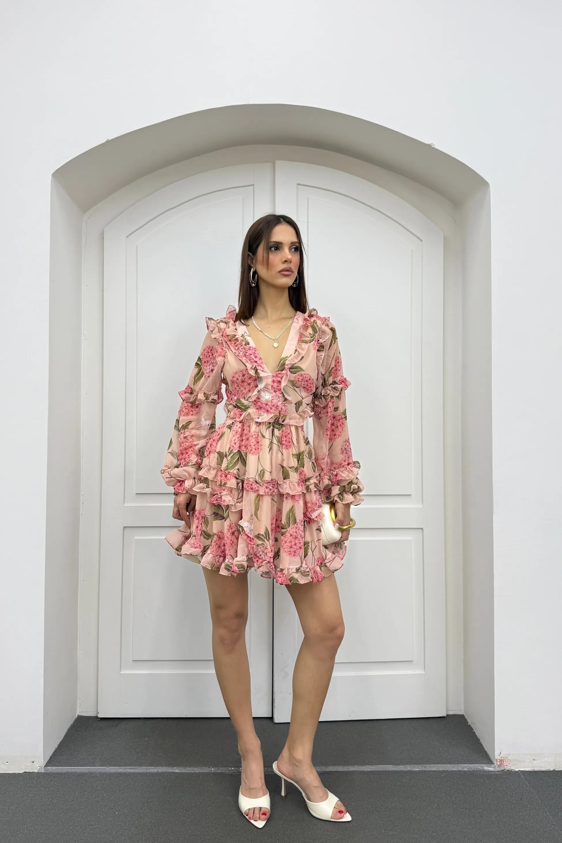 Destiny Pudra Fırfırlı Volanlı Elbise