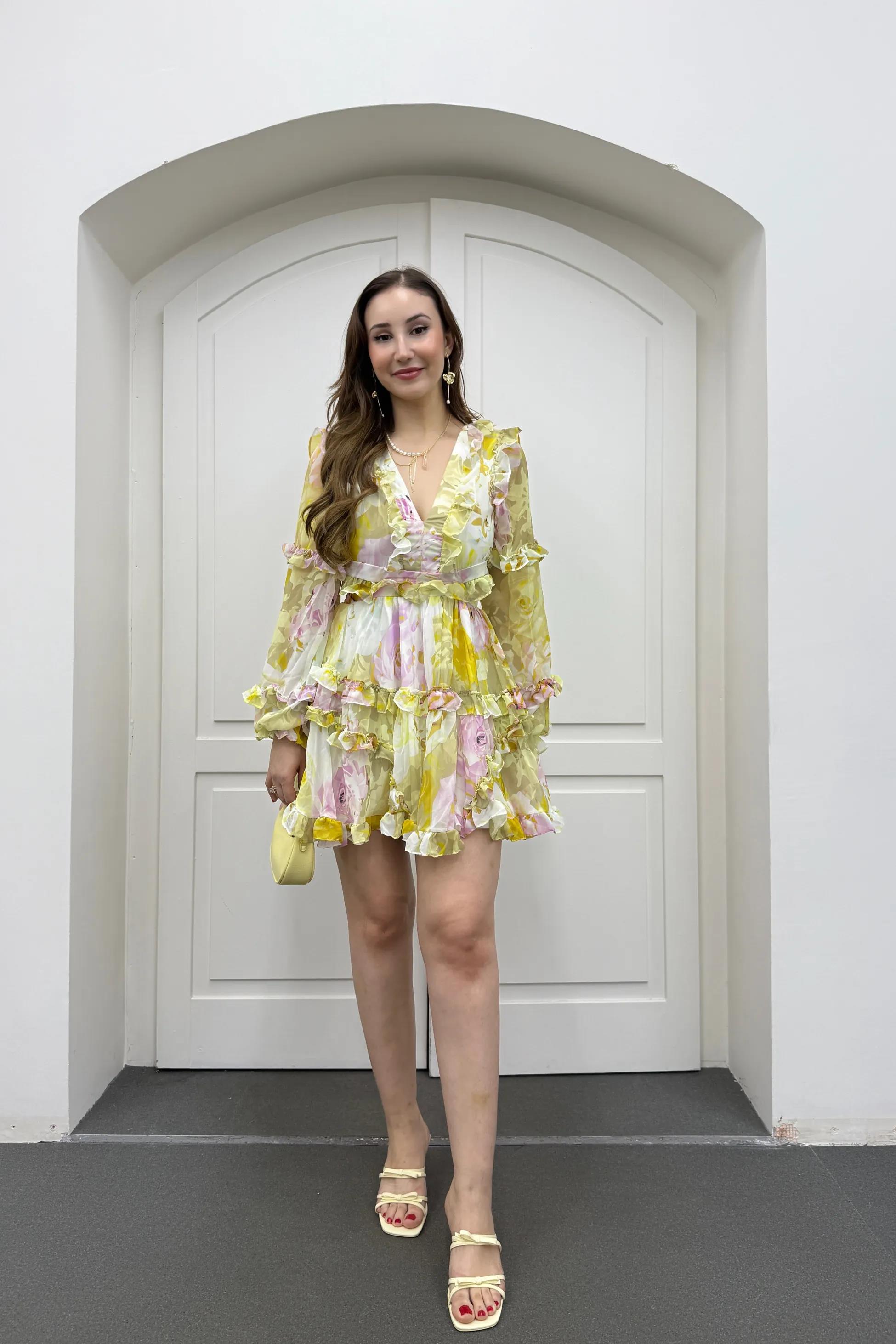 Destiny Sarı Fırfırlı Volanlı Elbise