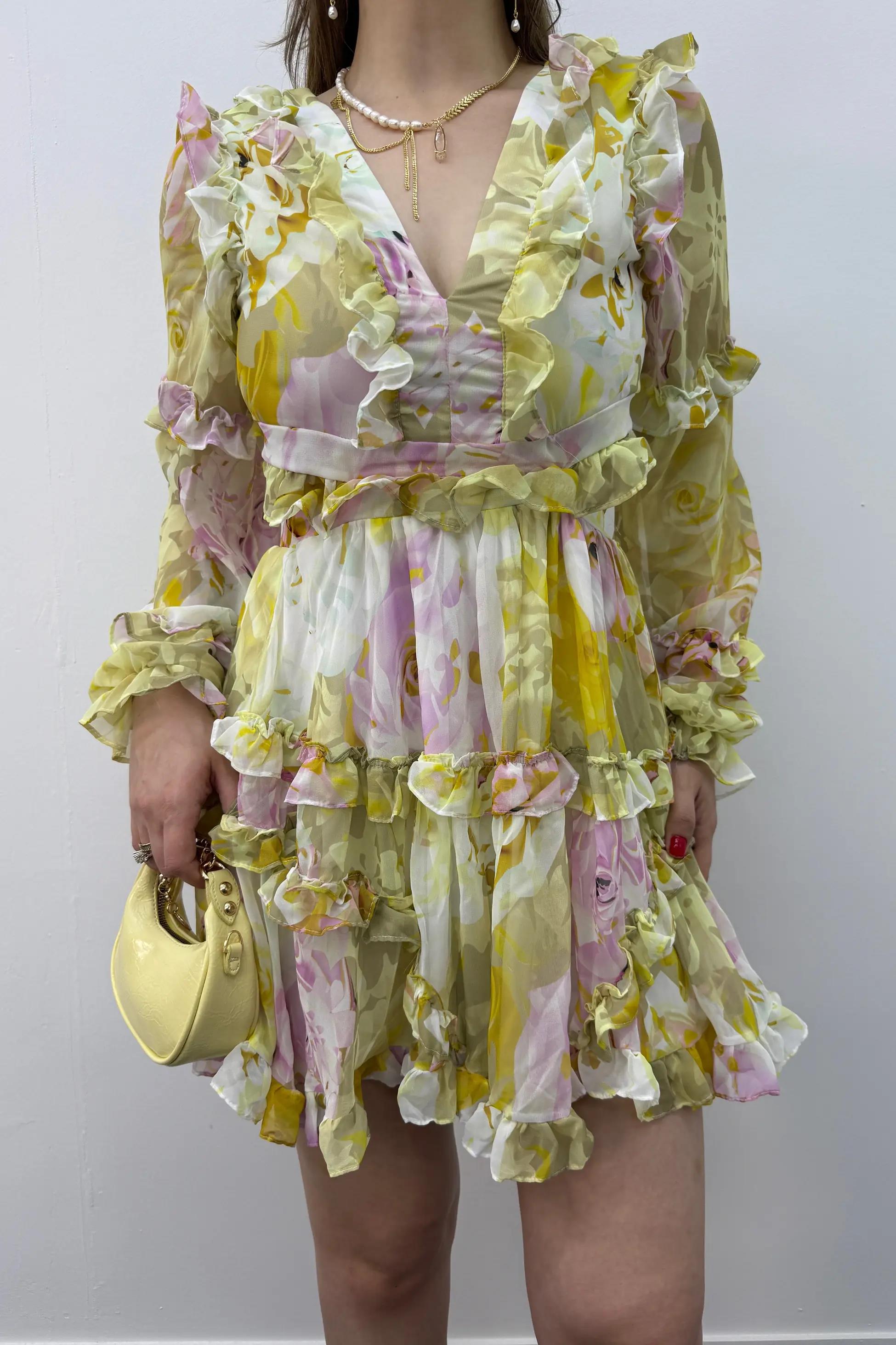 Destiny Sarı Fırfırlı Volanlı Elbise