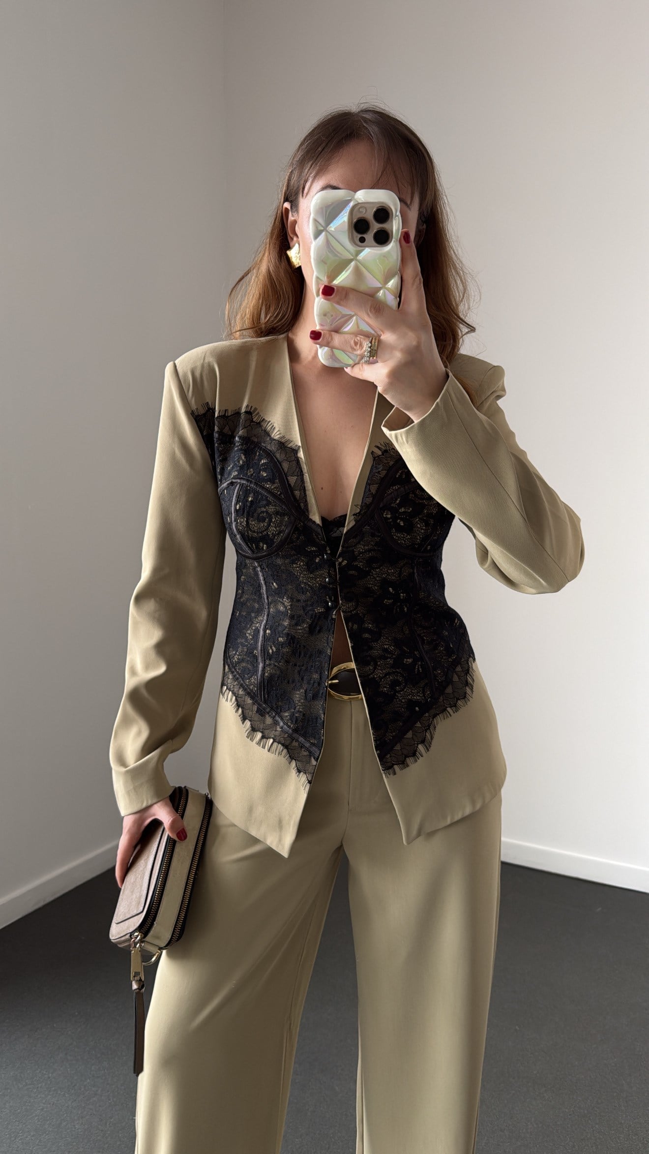 Donatella Haki Vatkalı Dantel Detaylı Premium Blazer 
