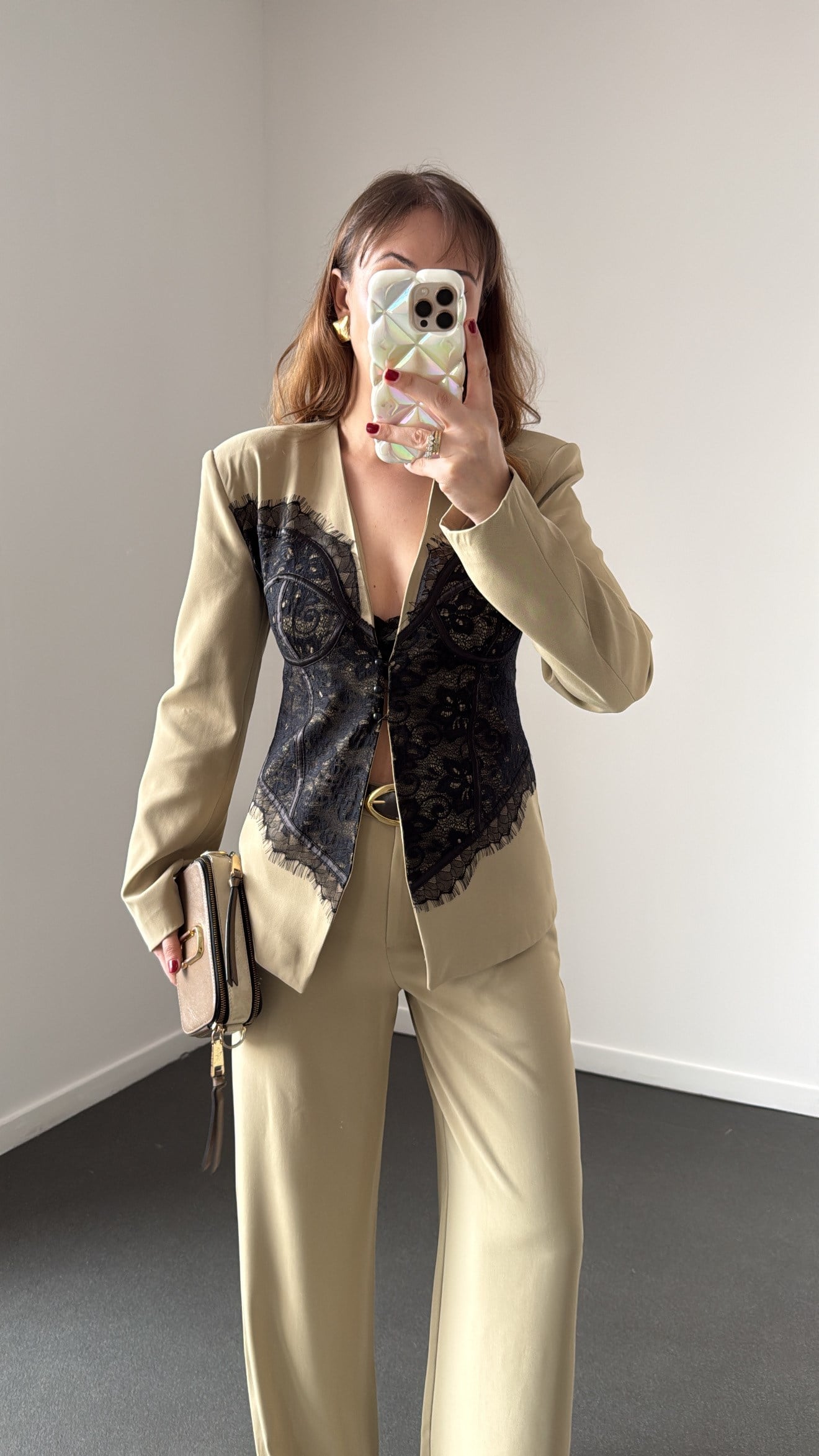 Donatella Haki Vatkalı Dantel Detaylı Premium Blazer 