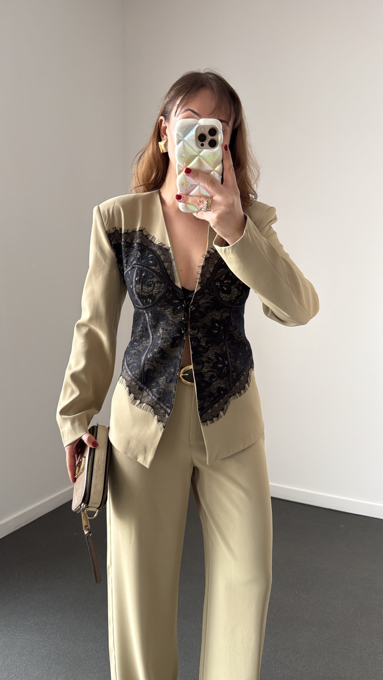 Donatella Haki Vatkalı Dantel Detaylı Premium Blazer 