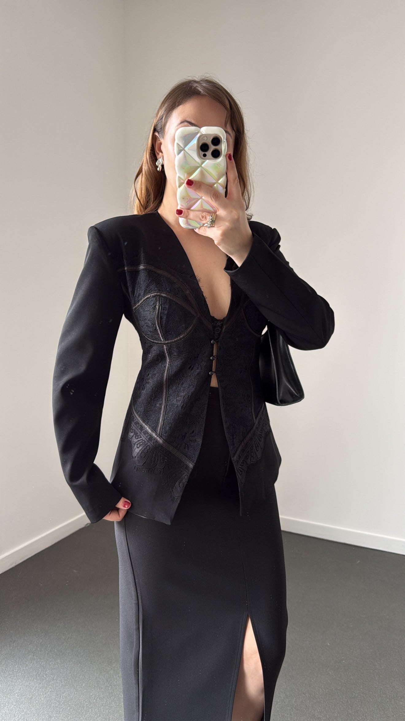 Donatella Siyah Vatkalı Dantel Detaylı Premium Blazer