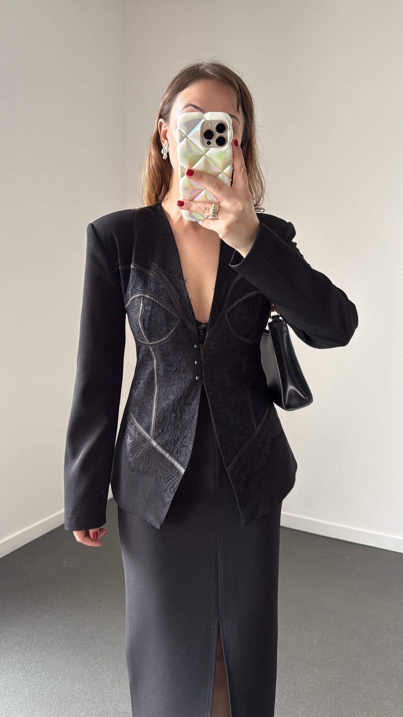 Donatella Siyah Vatkalı Dantel Detaylı Premium Blazer