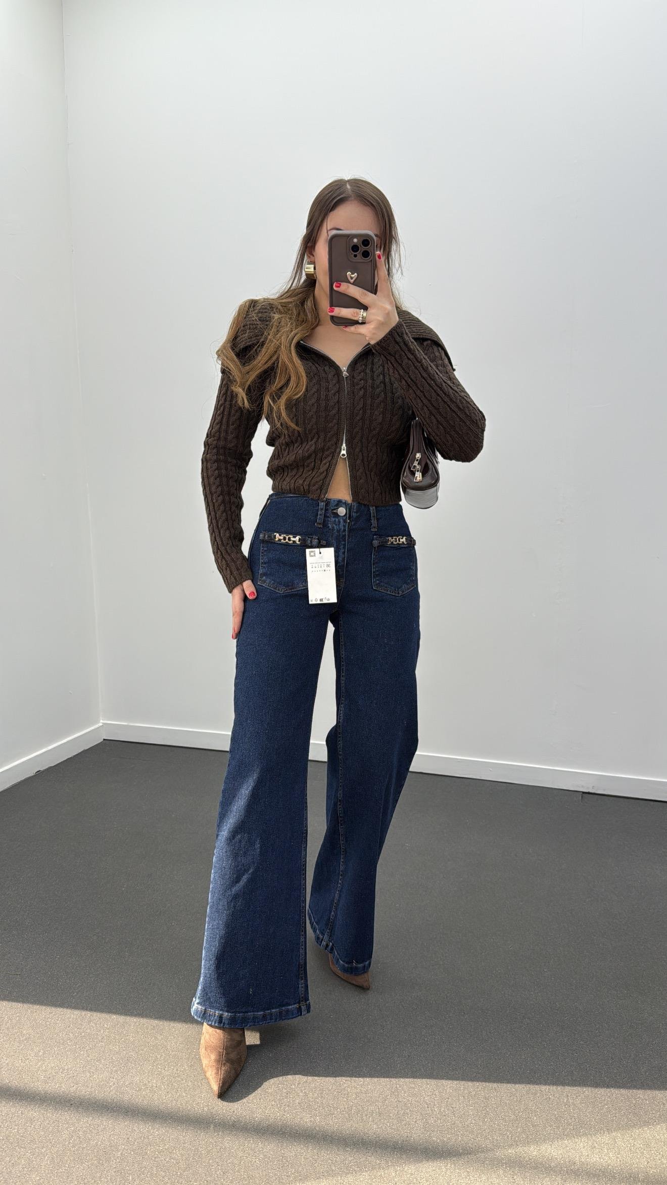 Dubai Lacivert Likralı Zincir Cep Detaylı Flare Jeans